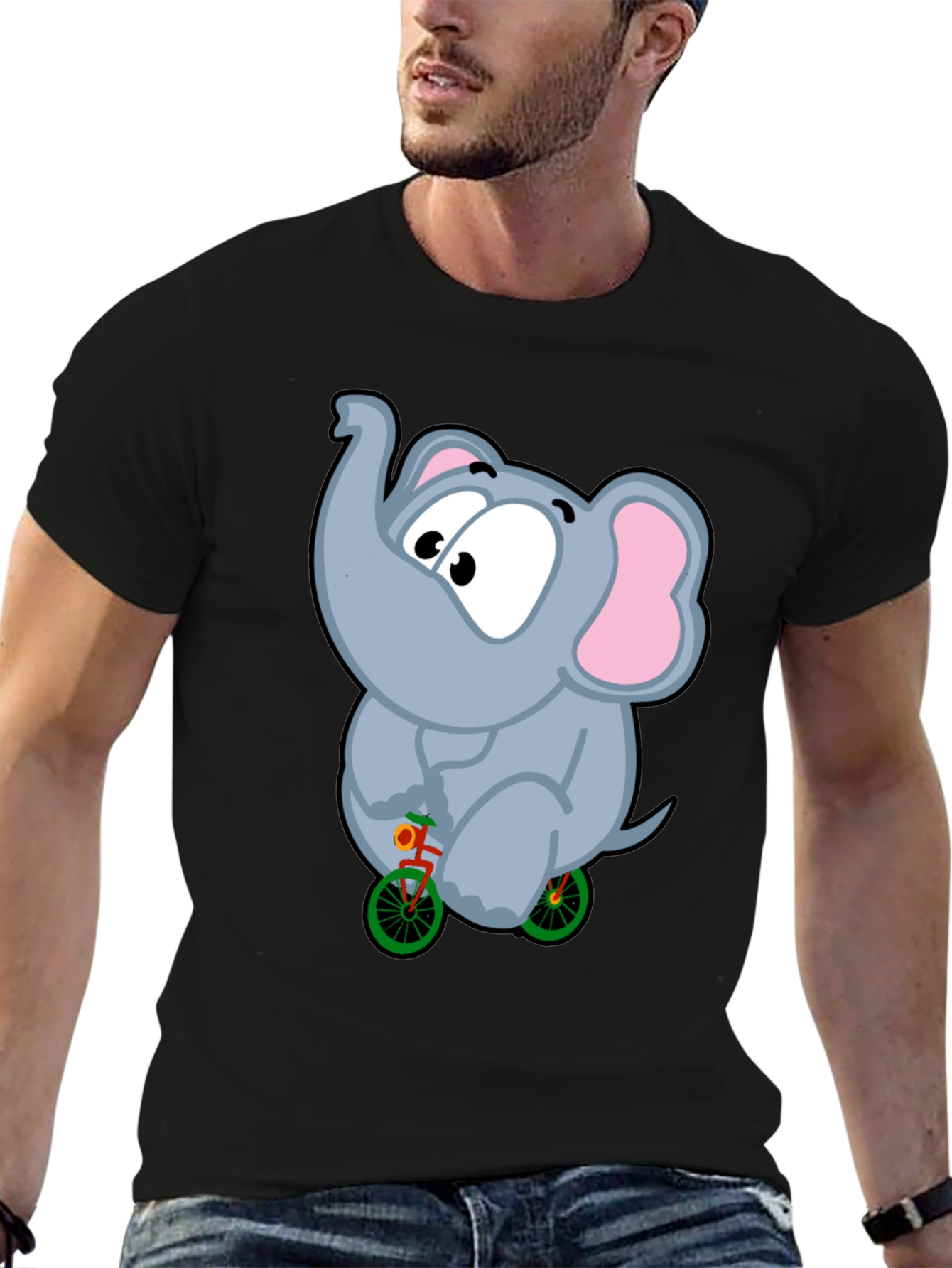 Elephant on Bike Graphic Tee - Fun Black T-Shirt