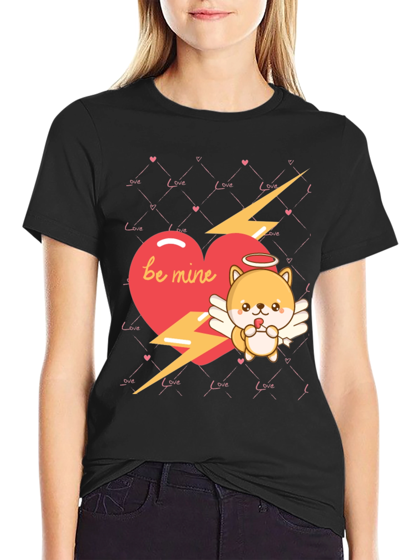 Be Mine Cupid Dog Valentines Day Black T-Shirt