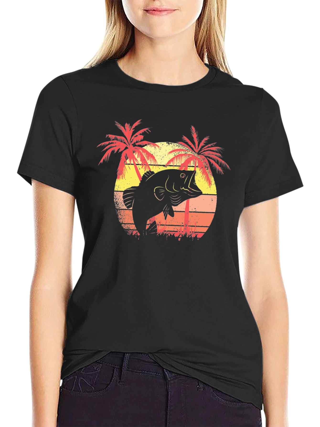Bass Fishing T-Shirt - Tropical Sunset Design