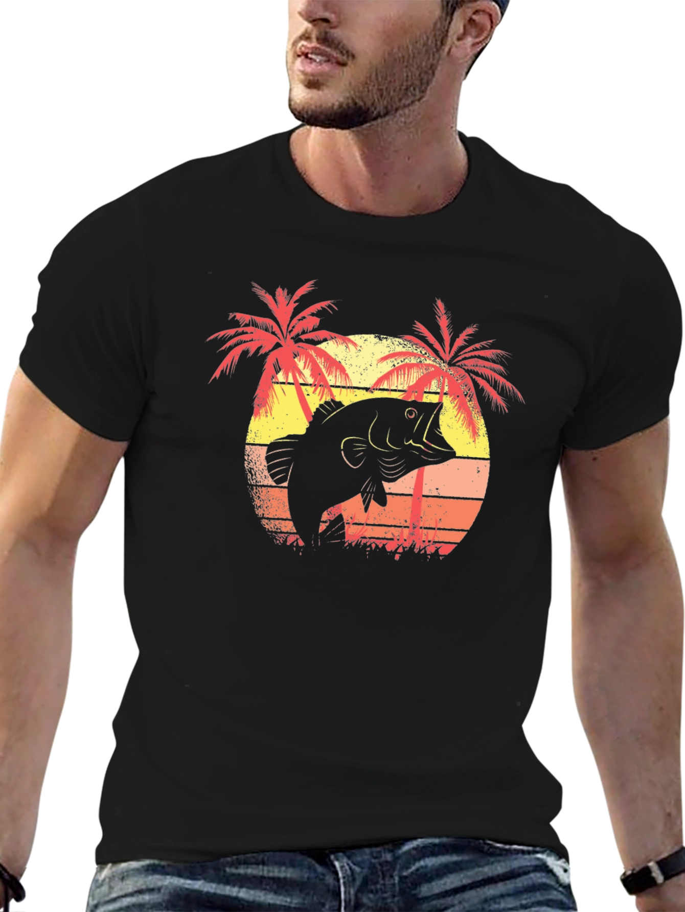 Bass Fishing T-Shirt - Tropical Sunset Design