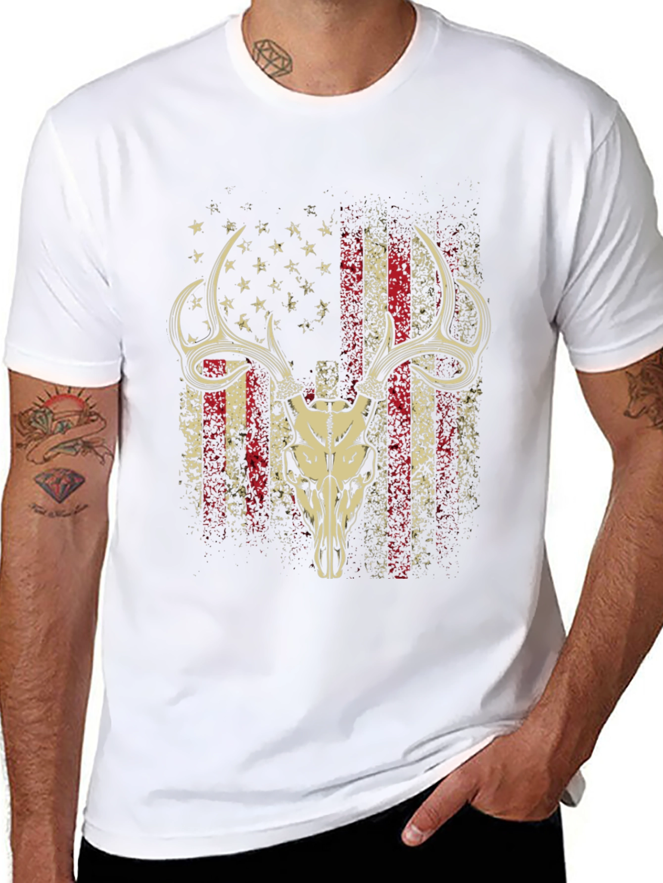 American Flag Deer Skull Graphic T-Shirt