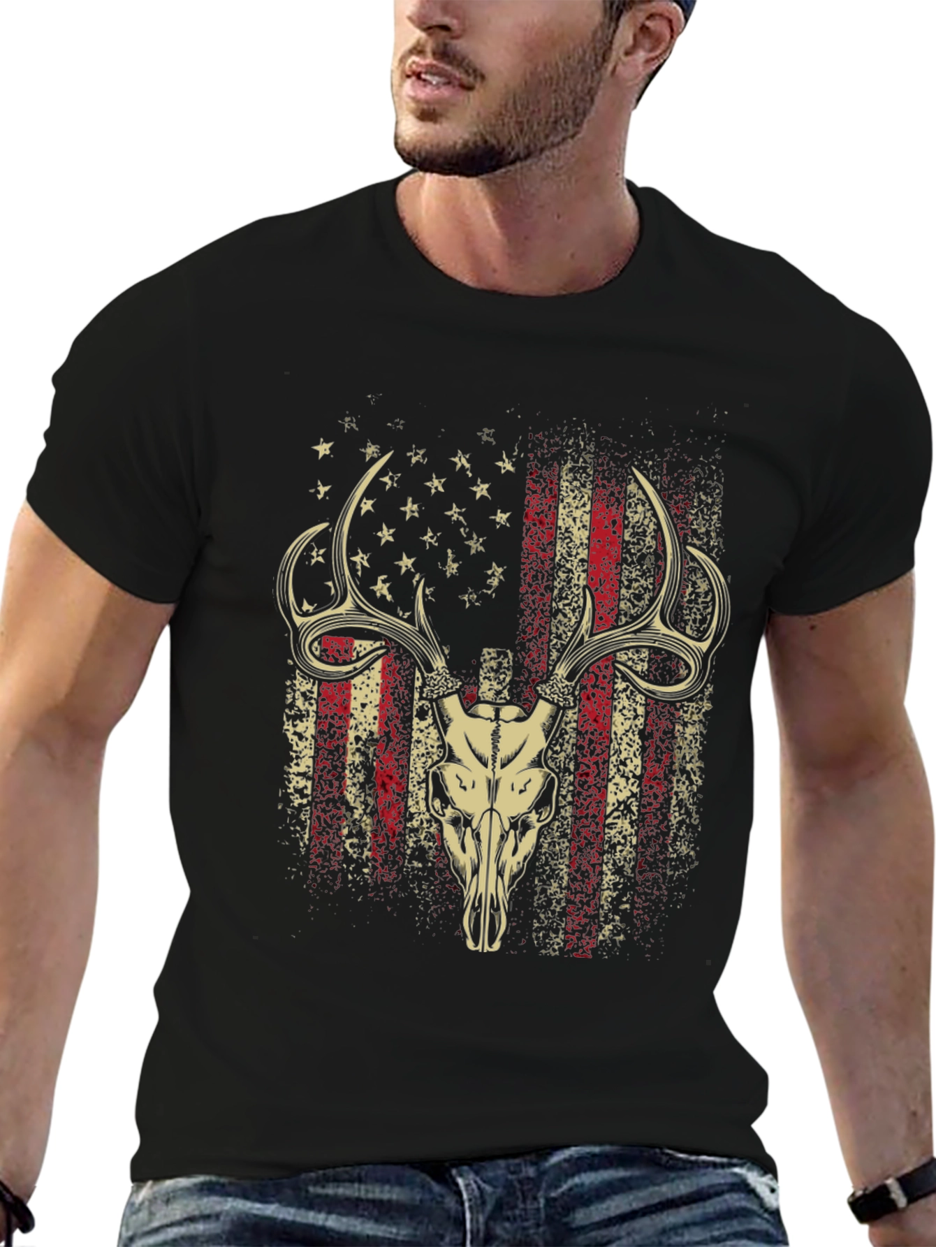 American Flag Deer Skull Graphic T-Shirt