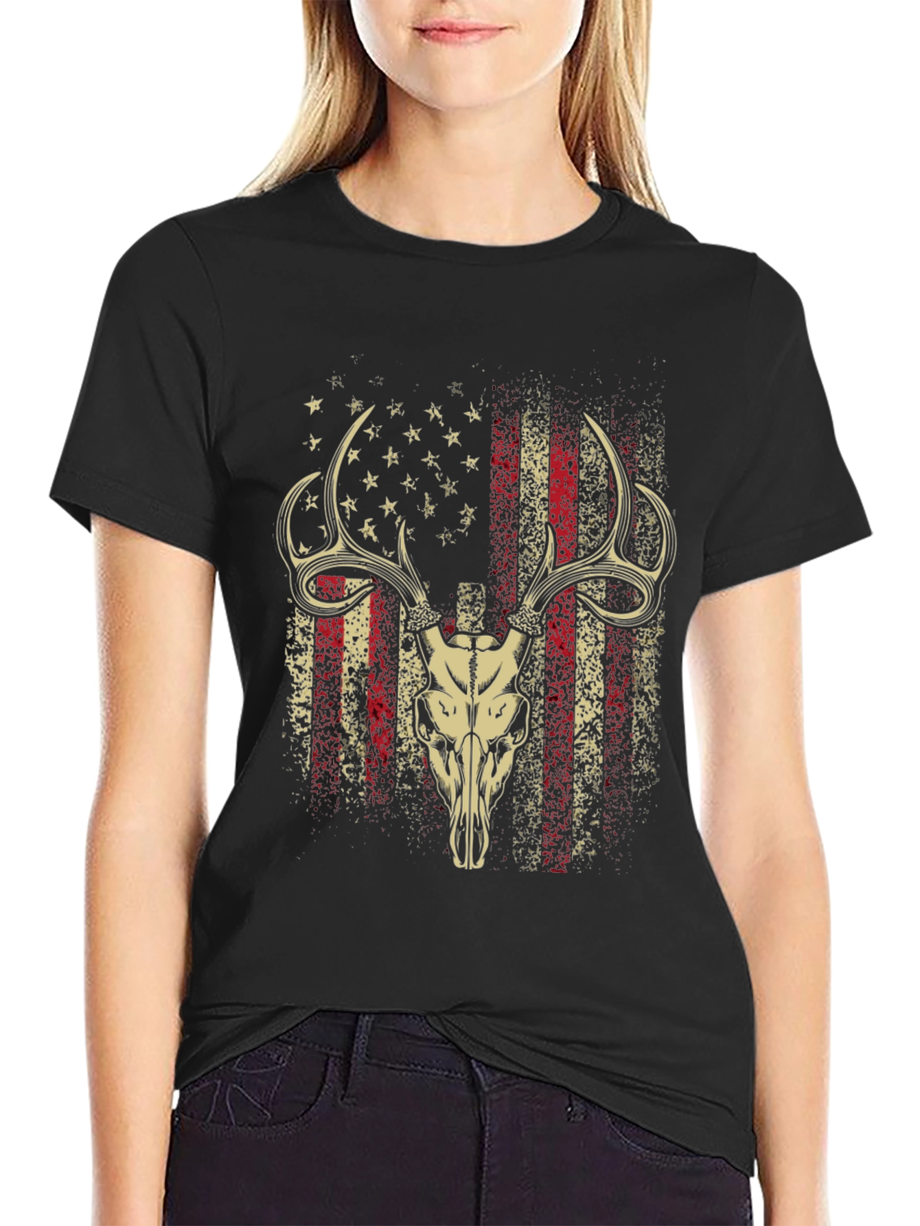 American Flag Deer Skull Graphic T-Shirt