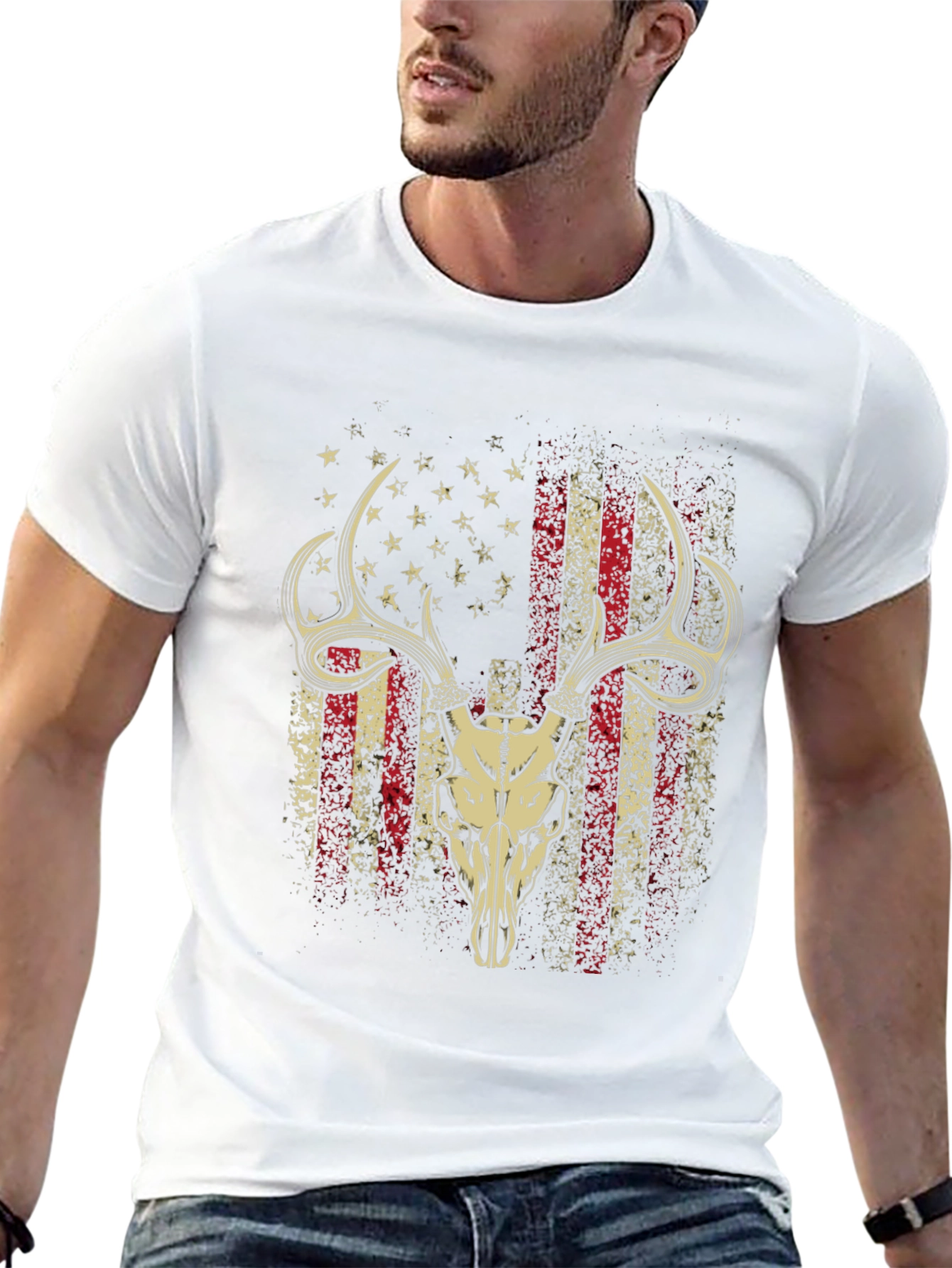 American Flag Deer Skull Graphic T-Shirt