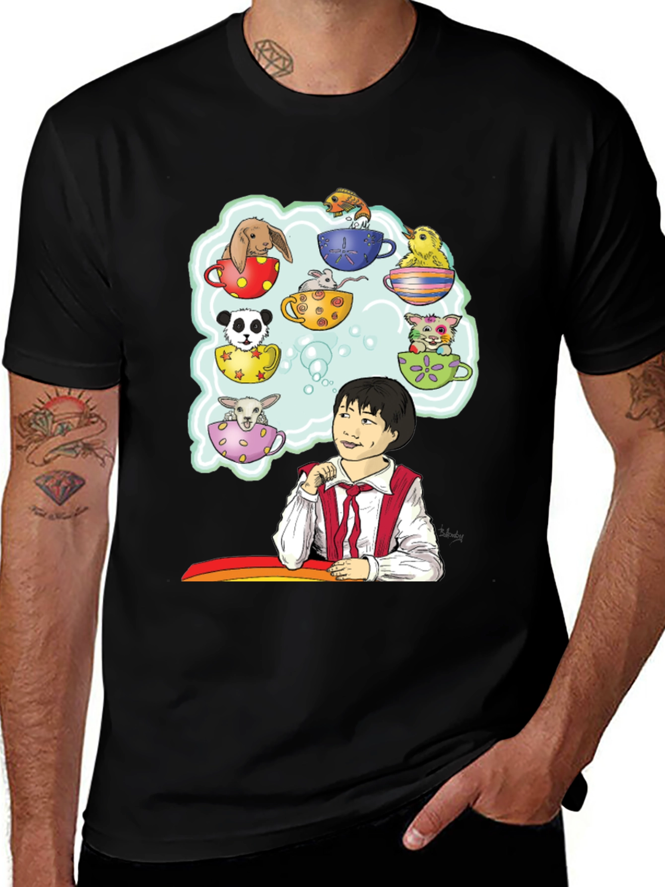 Cute Teacup Animals Graphic Tee - Whimsical Black T-Shirt