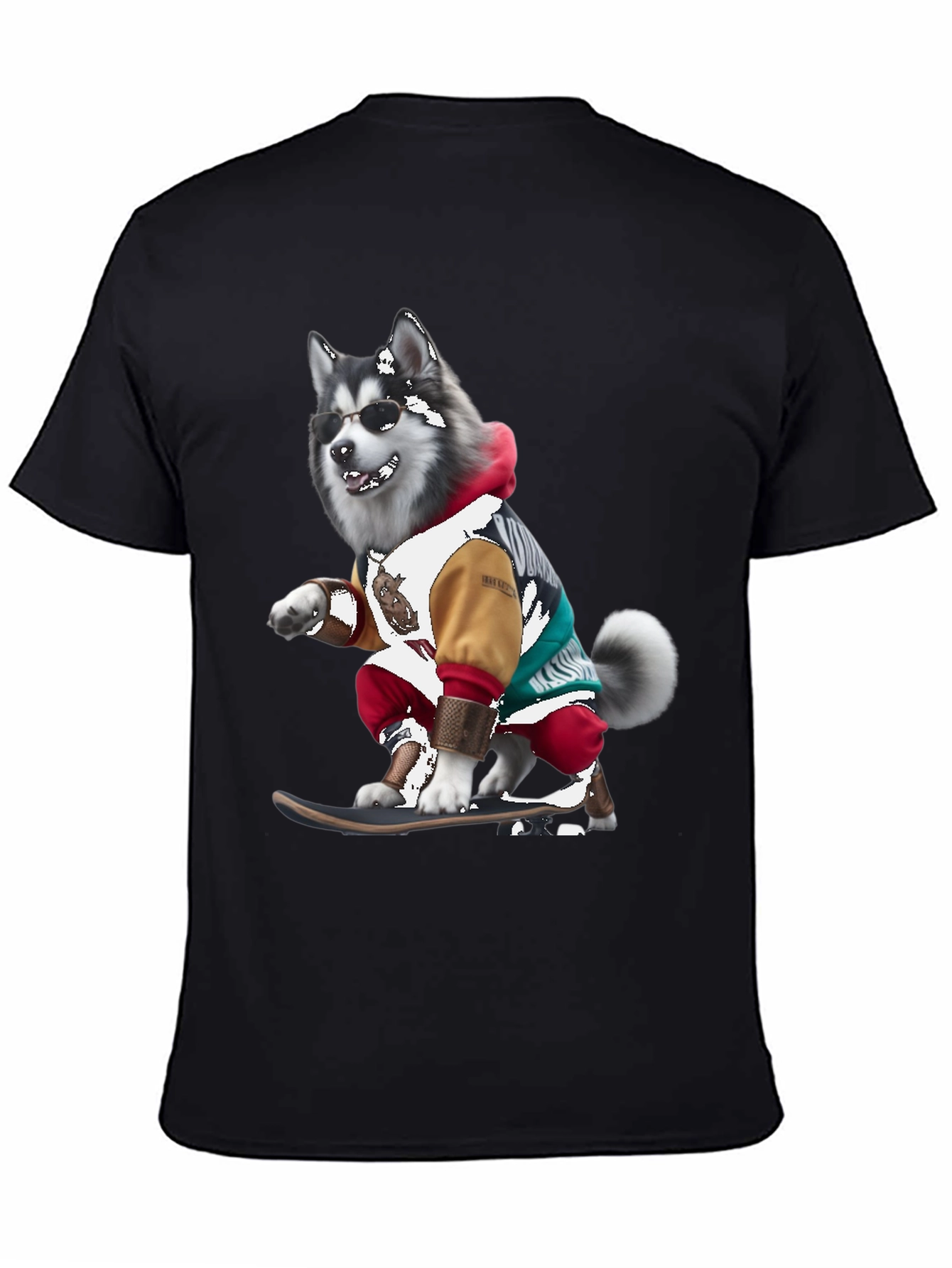 Cool Husky Skateboarder Black T-Shirt