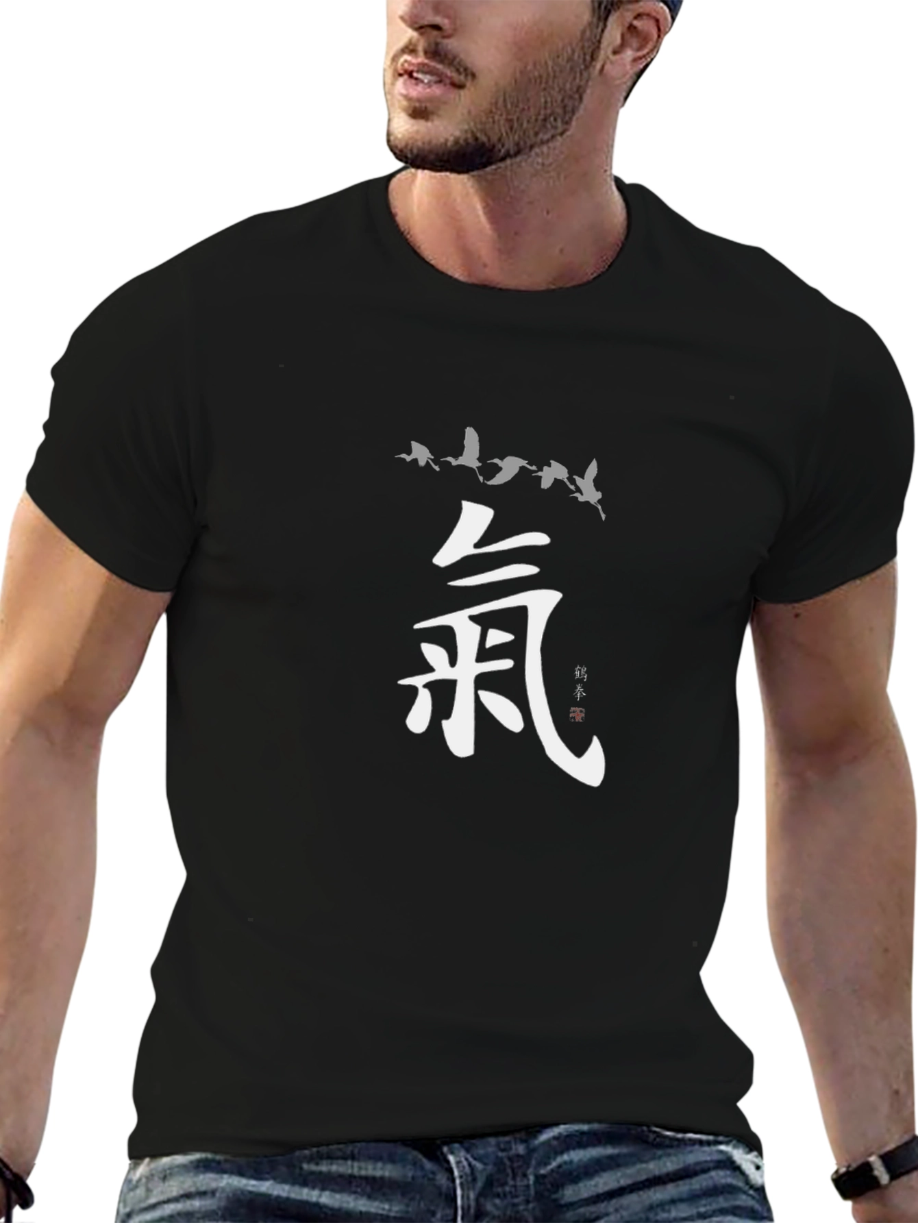 Zen Black T-Shirt with Crane and Kanji Design