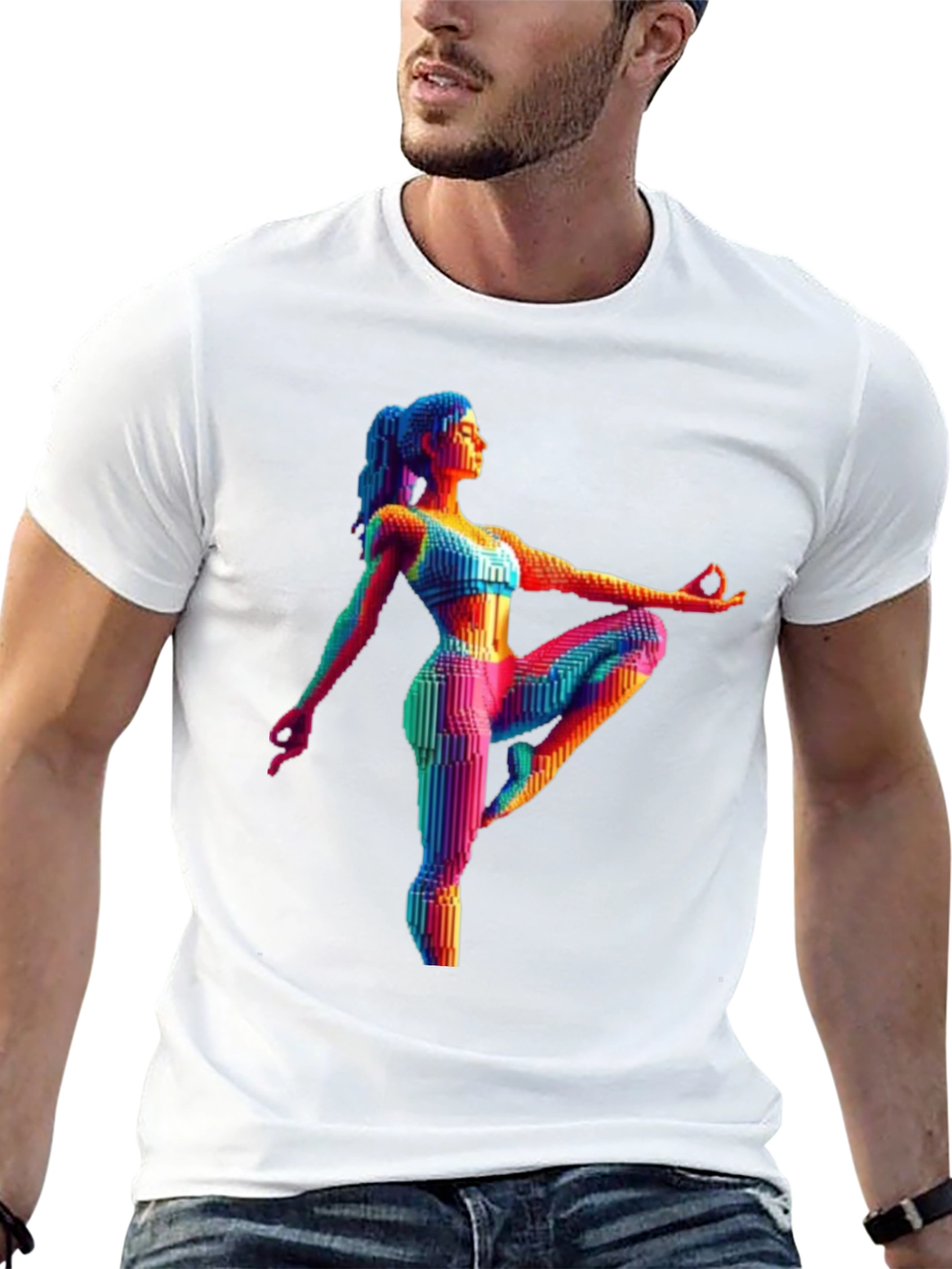 Yoga Pose Graphic Tee - Rainbow Pixel Art T-Shirt