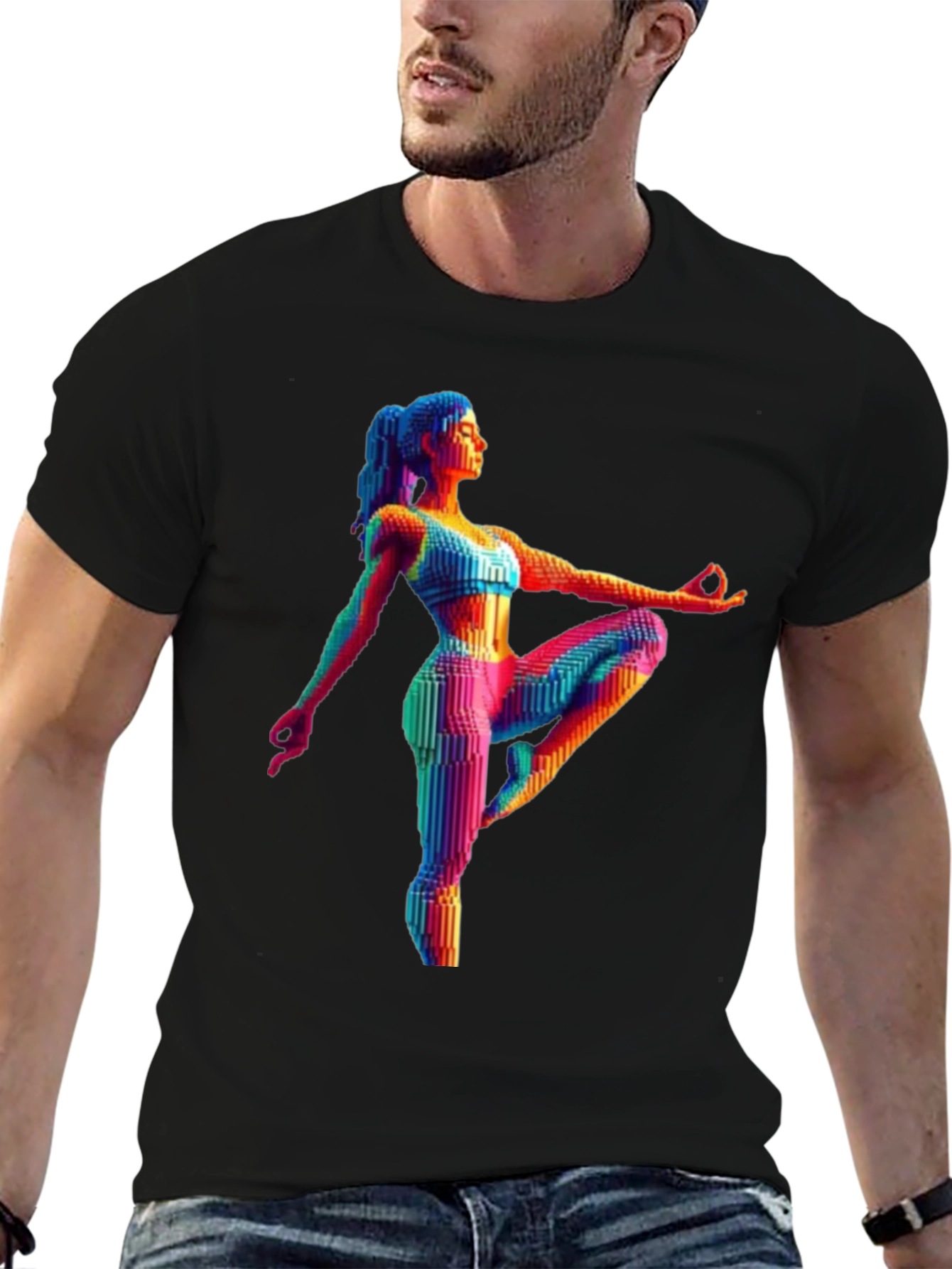 Yoga Pose Graphic Tee - Rainbow Pixel Art T-Shirt