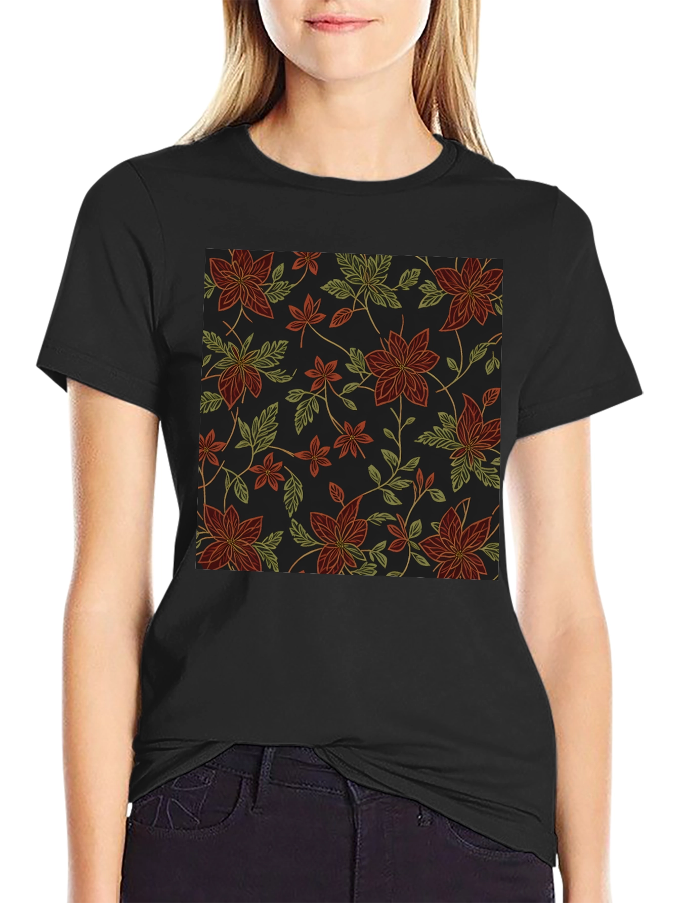 Floral Pattern Black T-Shirt