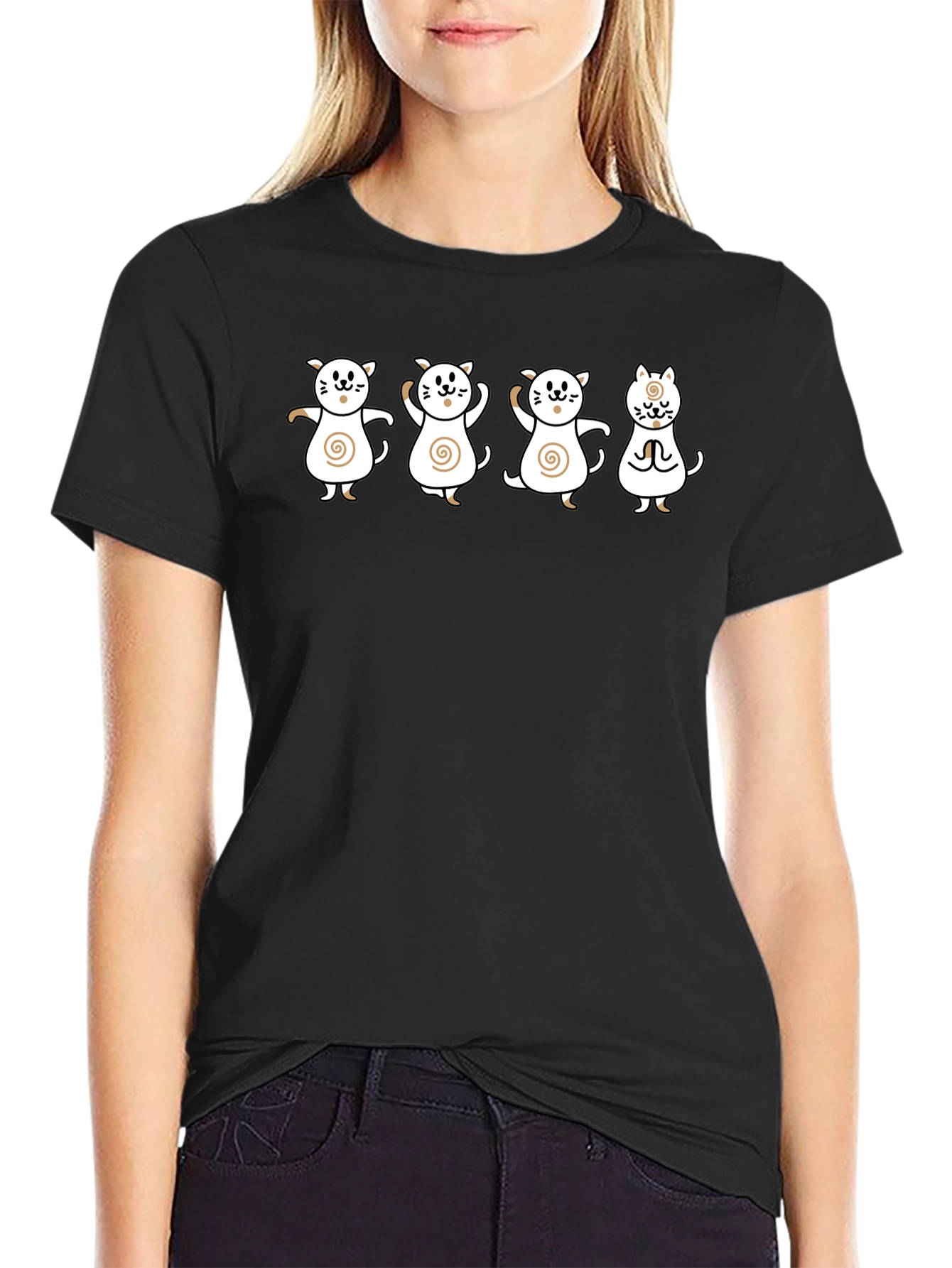 Cute Cat Cartoon Graphic Print Black Tee