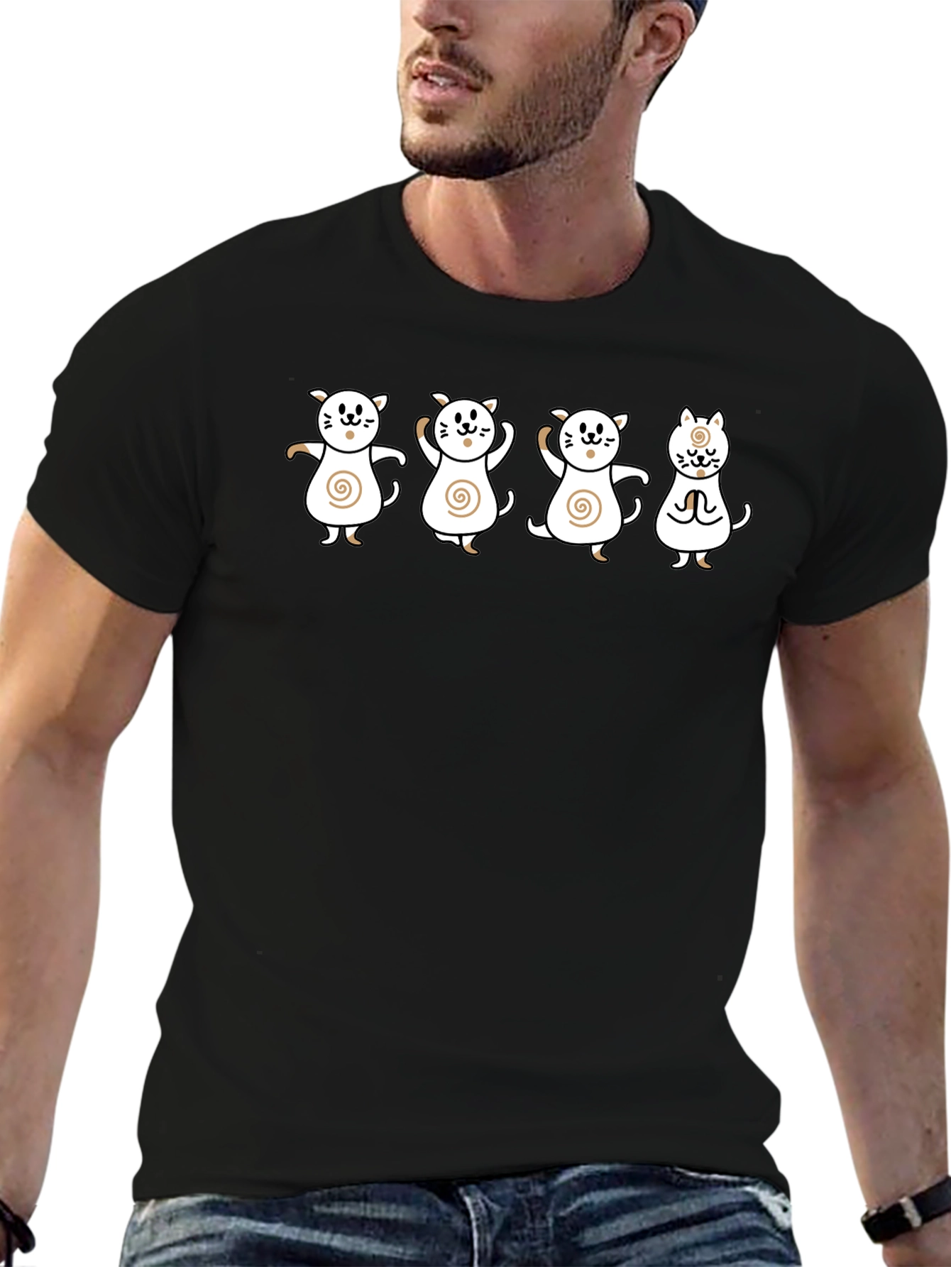 Cute Cat Cartoon Graphic Print Black Tee
