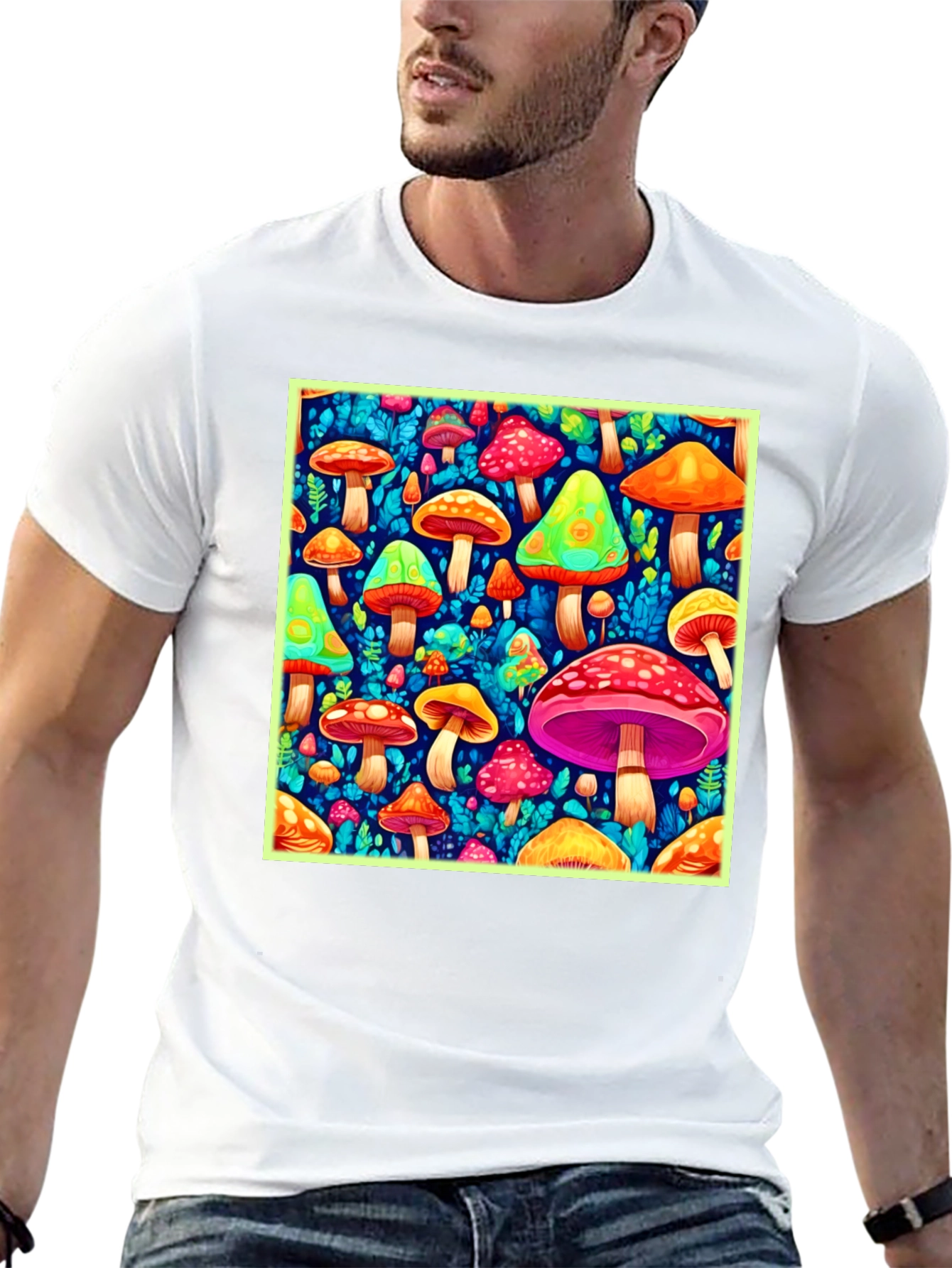 Psychedelic Mushroom Print Black T-Shirt