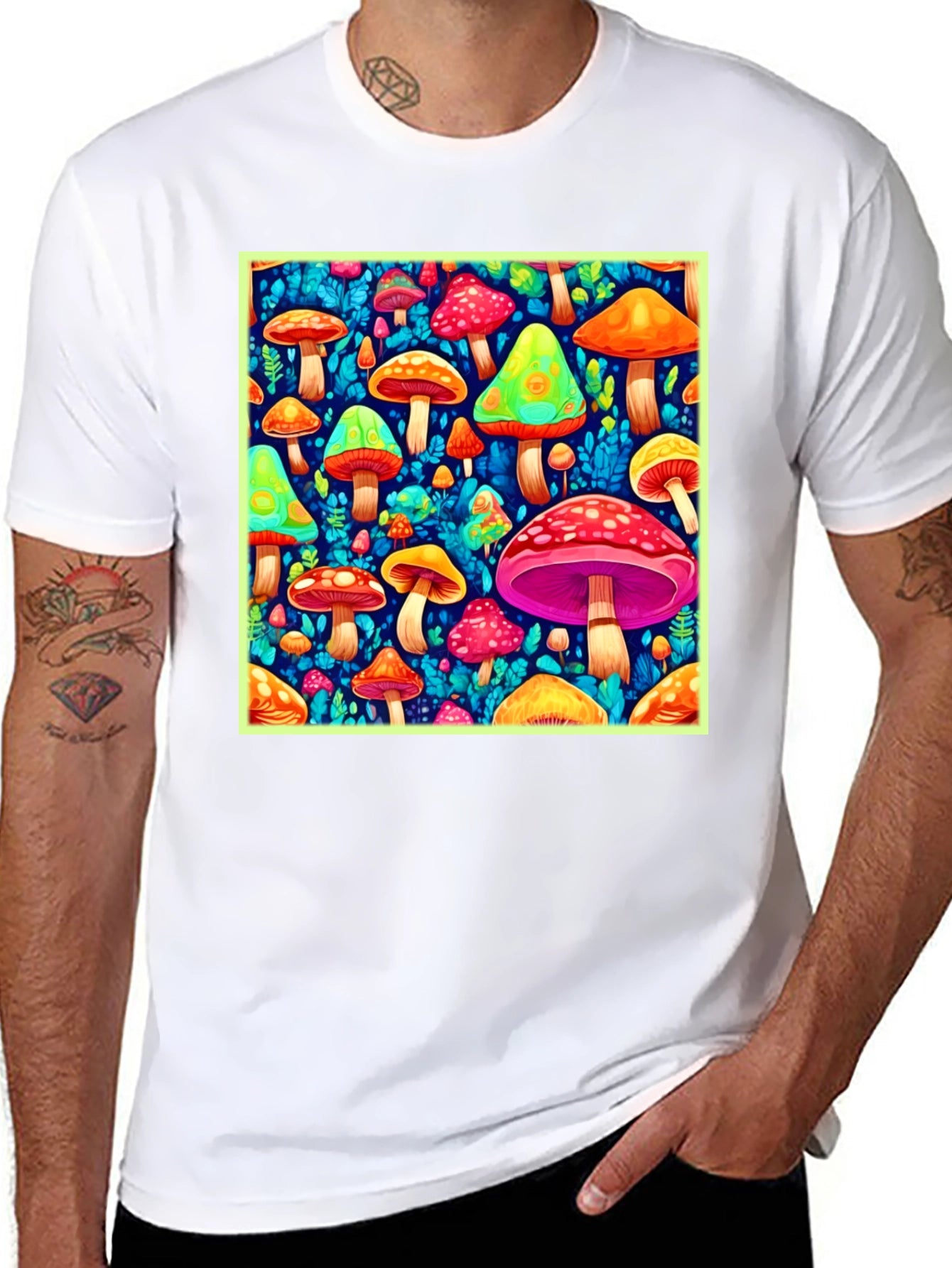 Psychedelic Mushroom Print Black T-Shirt