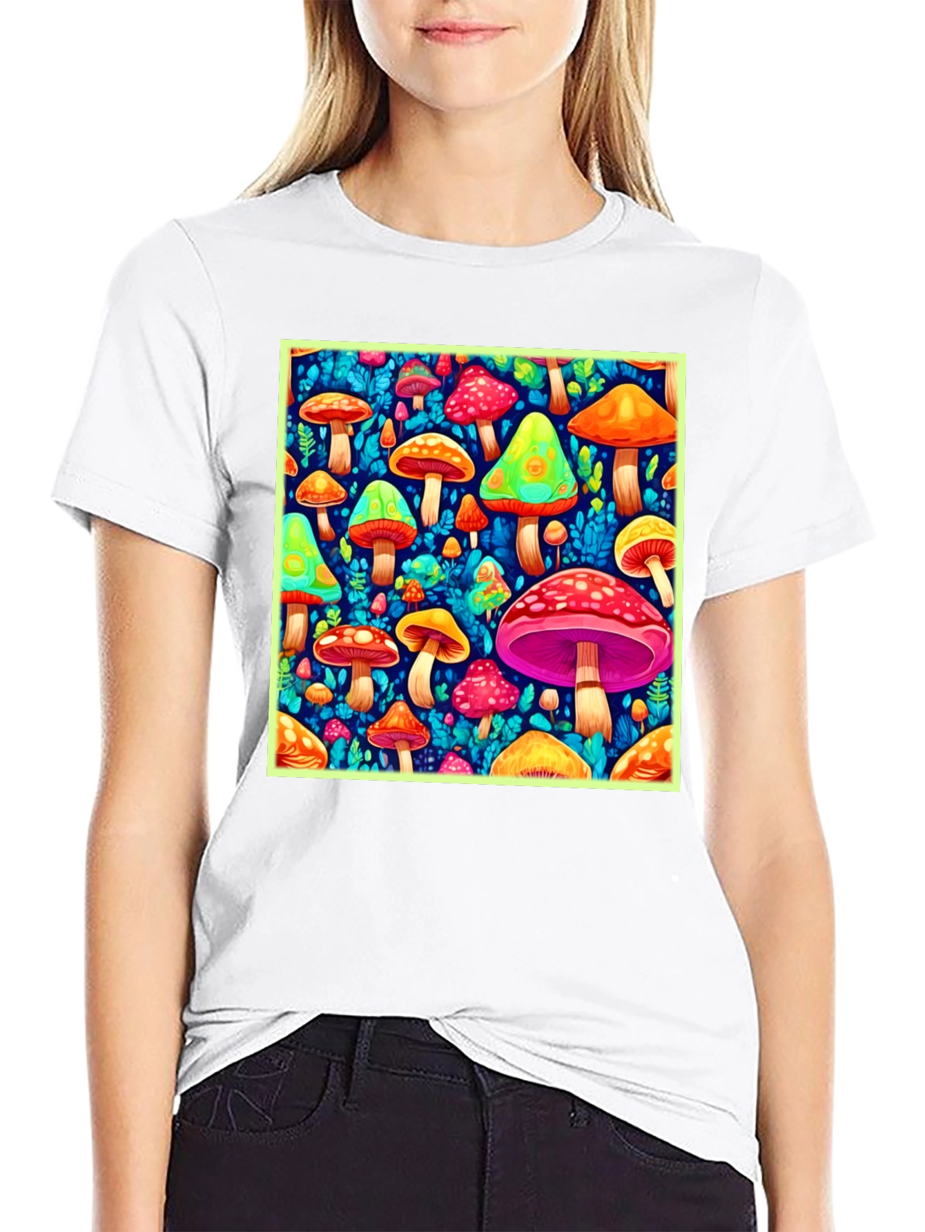 Psychedelic Mushroom Print Black T-Shirt