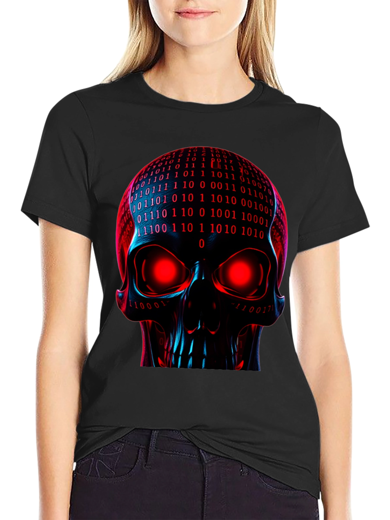 Cyber Skull Graphic Tee - Binary Code Skull