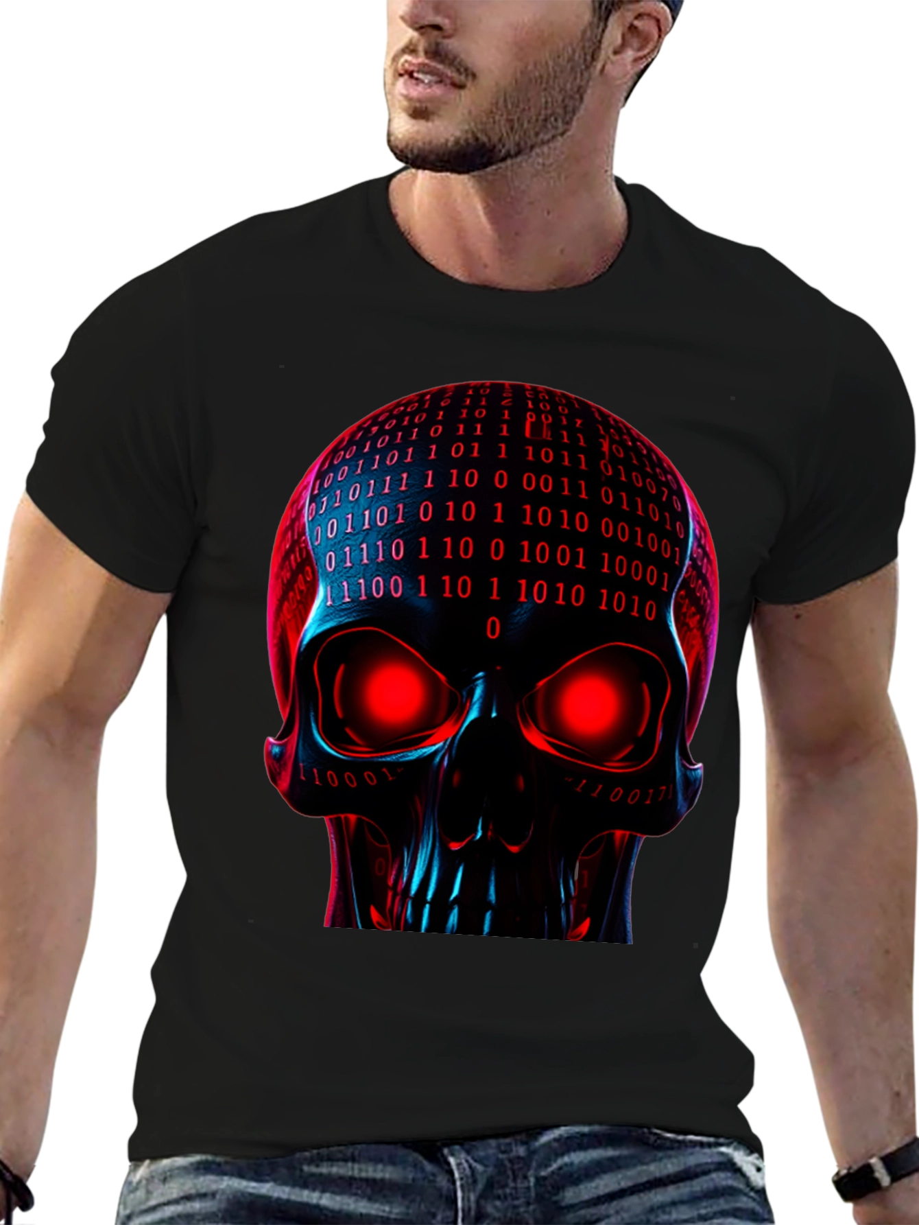 Cyber Skull Graphic Tee - Binary Code Skull
