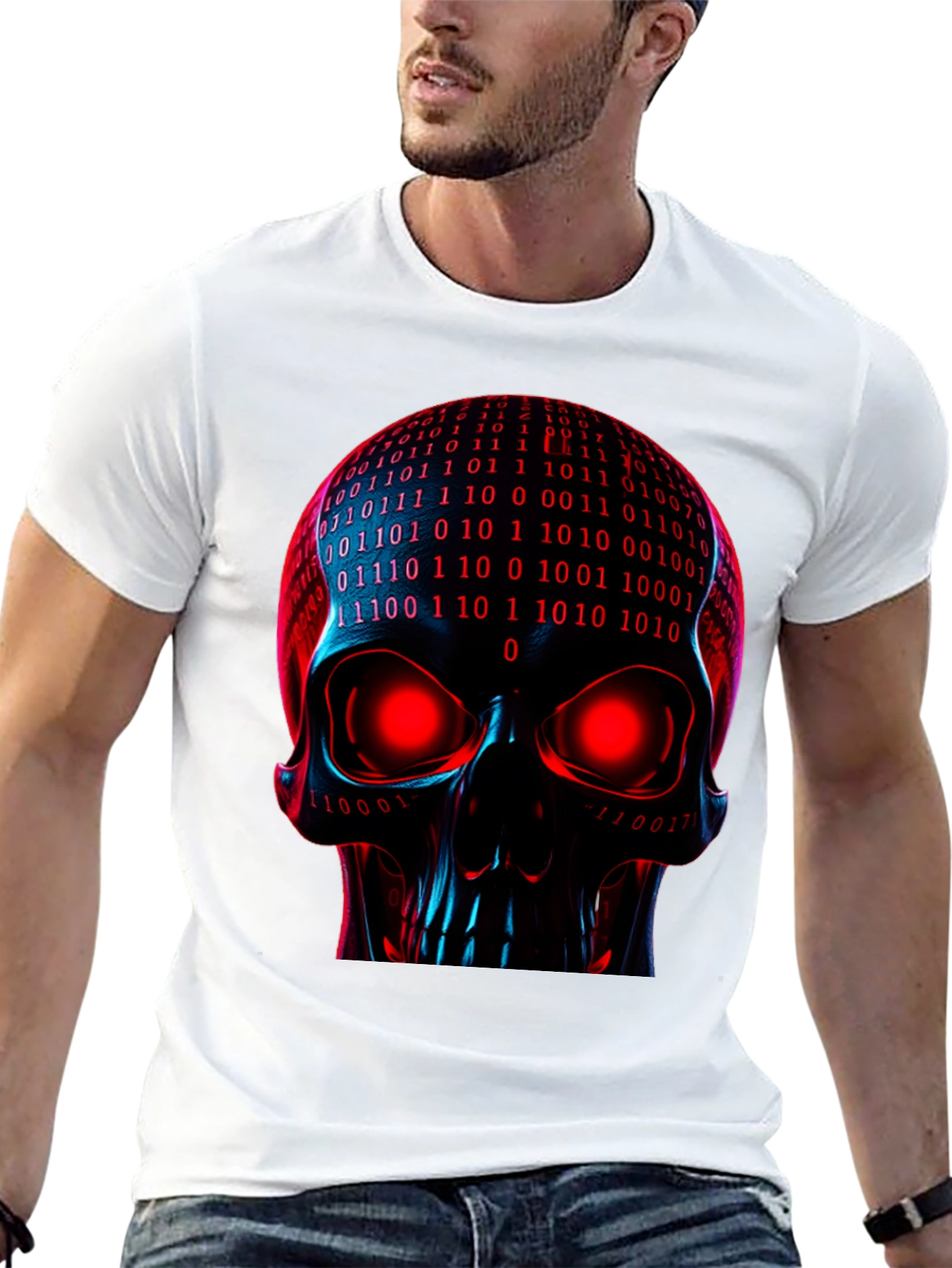 Cyber Skull Graphic Tee - Binary Code Skull