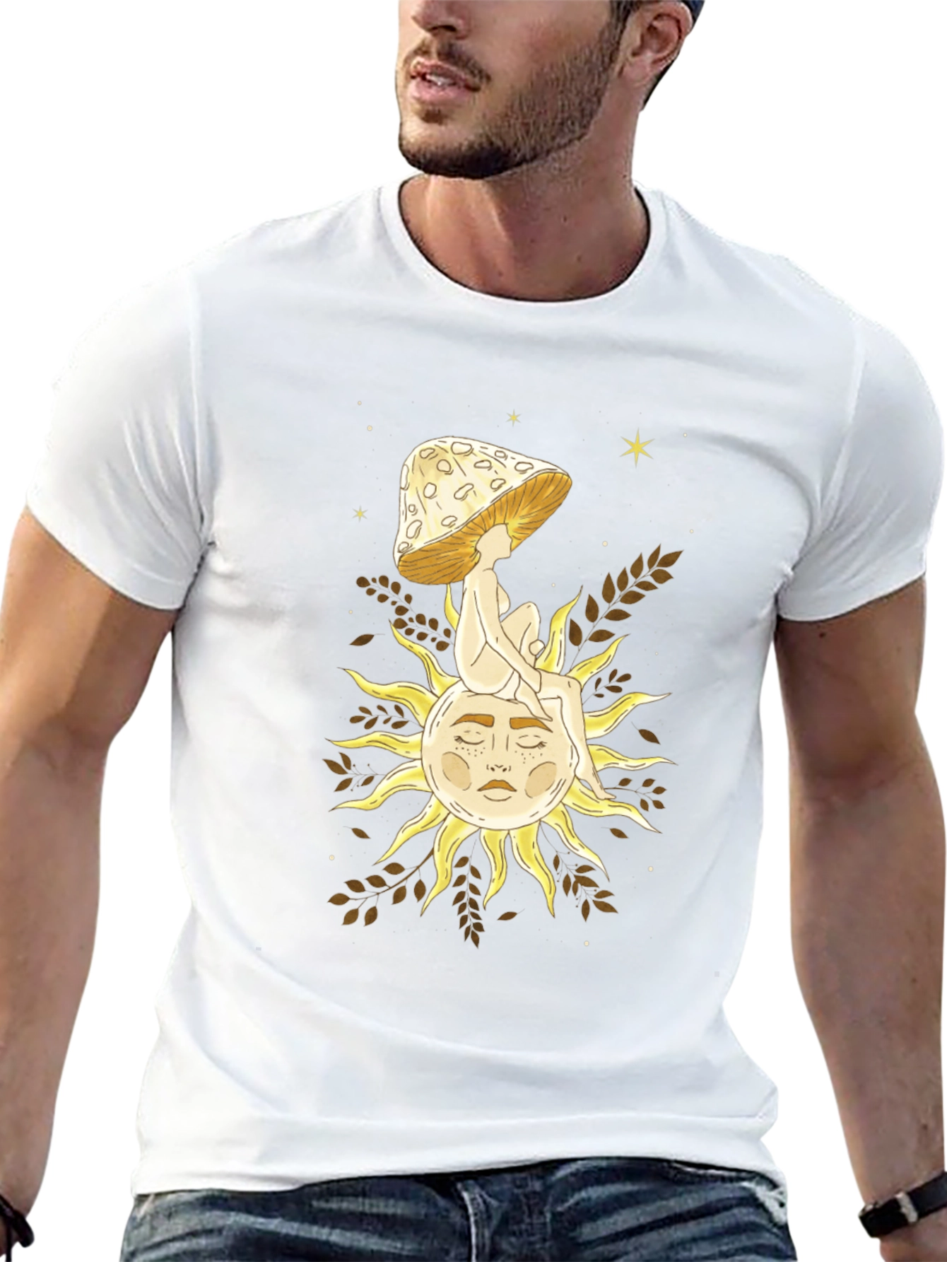 Celestial Mushroom Sun Graphic Tee - Black Cotton T-Shirt