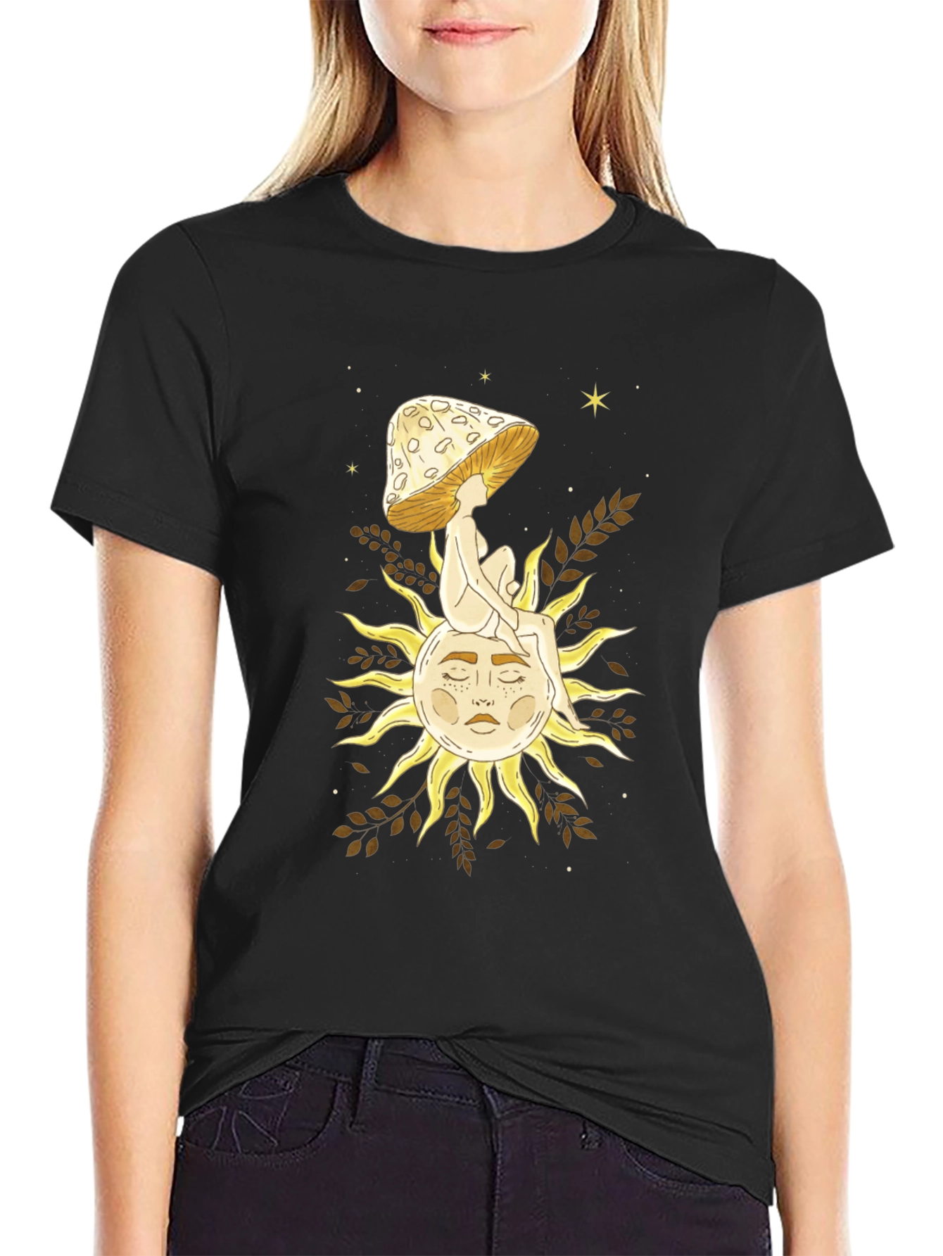 Celestial Mushroom Sun Graphic Tee - Black Cotton T-Shirt