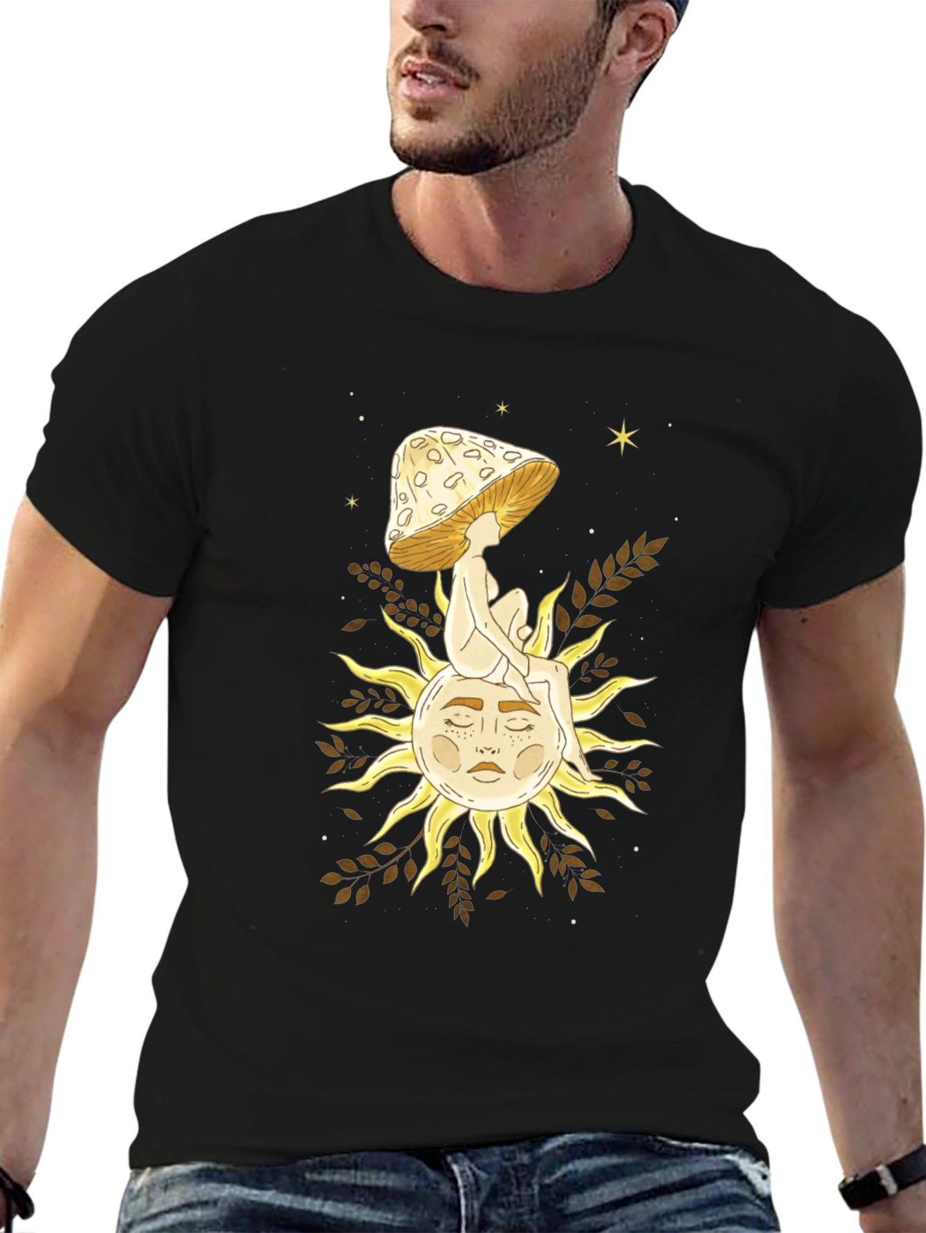 Celestial Mushroom Sun Graphic Tee - Black Cotton T-Shirt