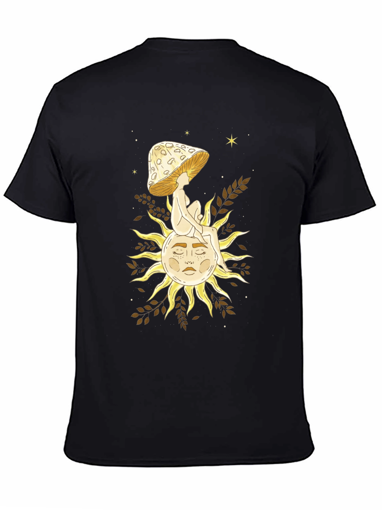 Celestial Mushroom Sun Graphic Tee - Black Cotton T-Shirt