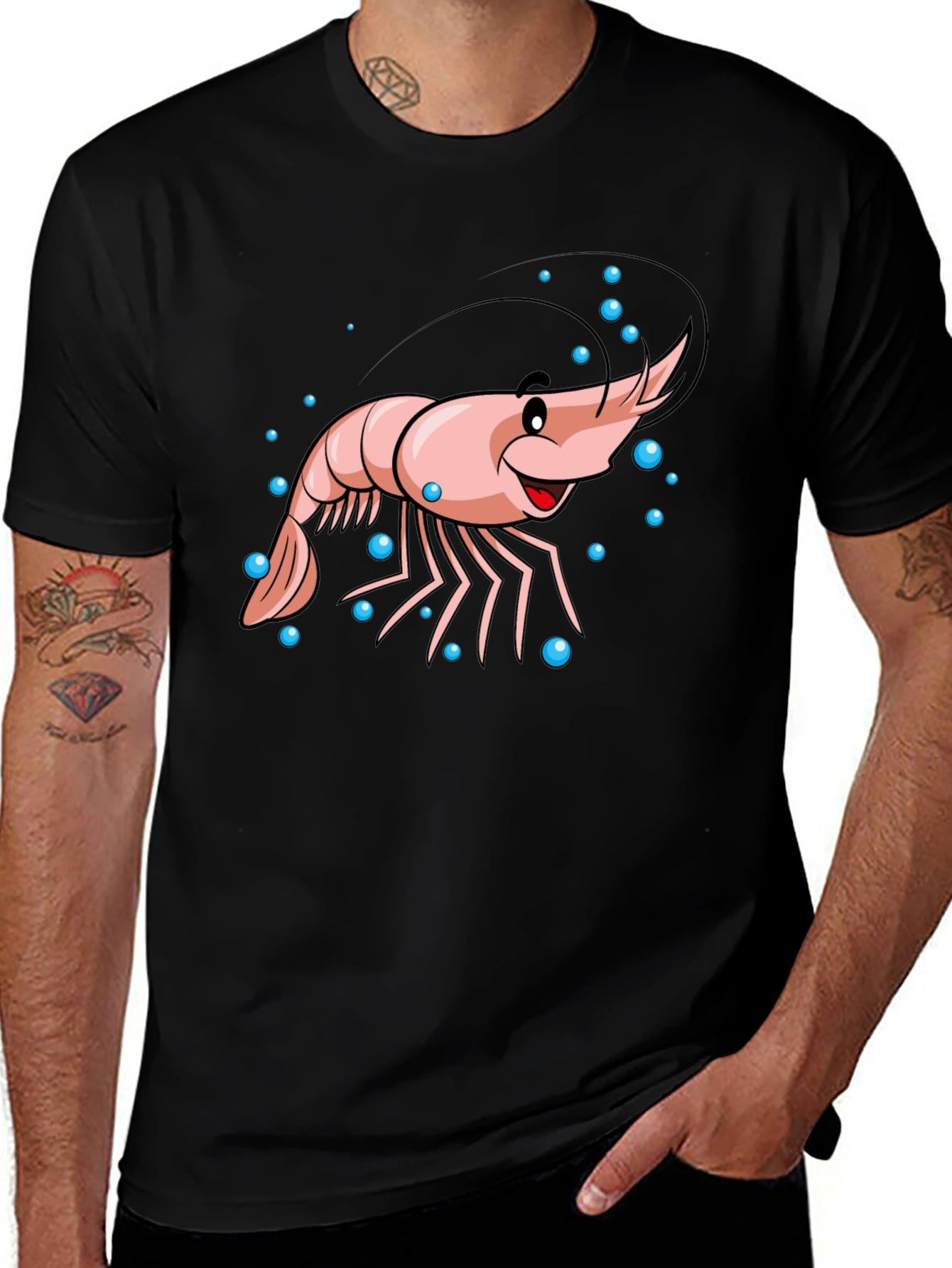 Cartoon Shrimp Graphic Black T-Shirt