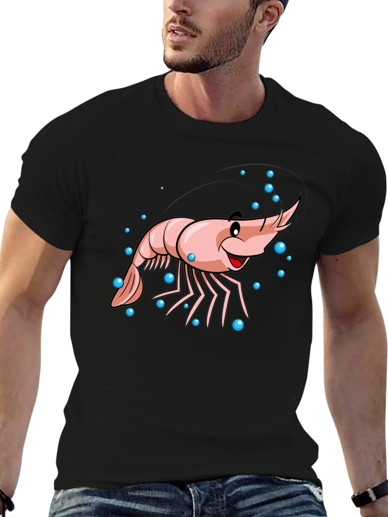 Cartoon Shrimp Graphic Black T-Shirt