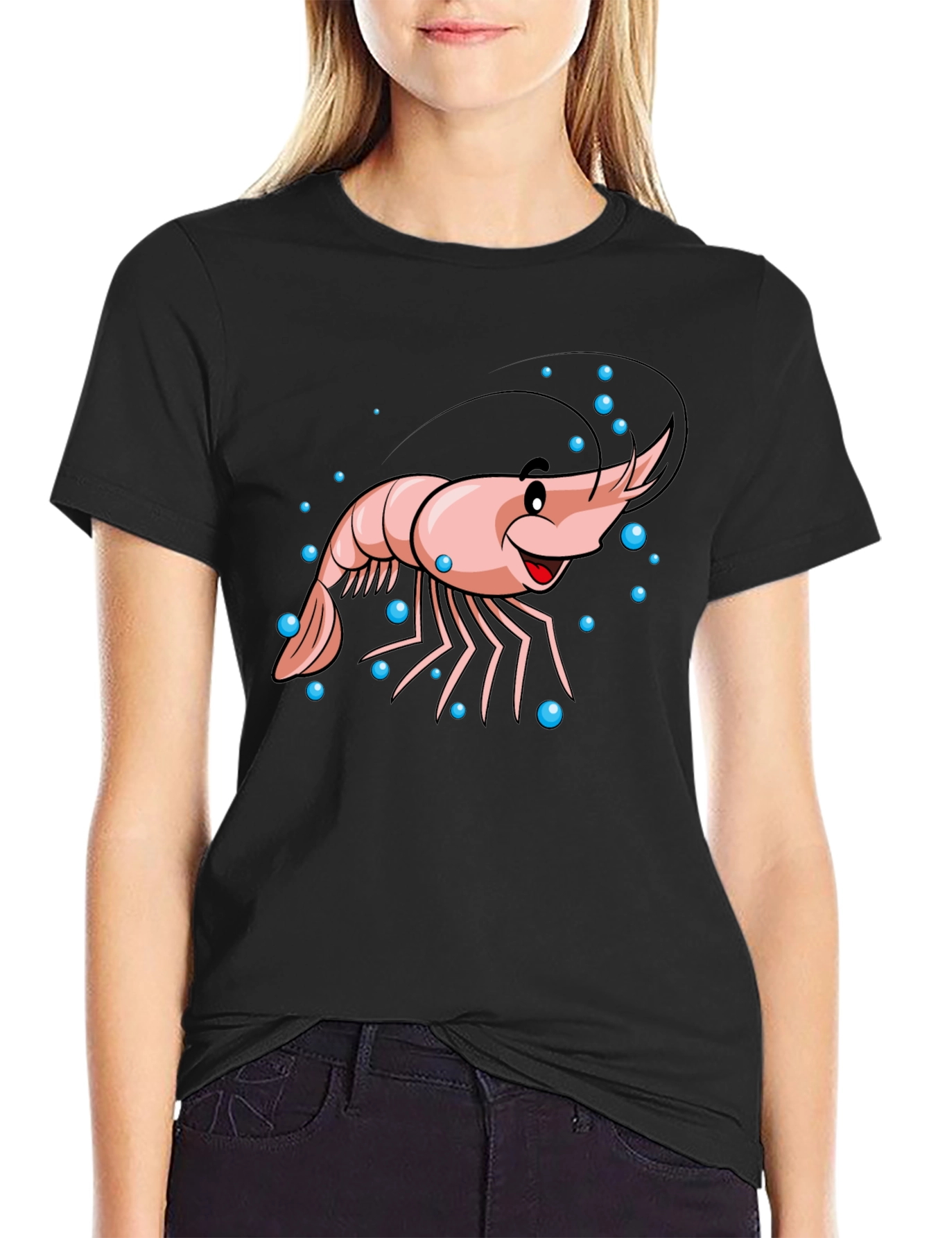 Cartoon Shrimp Graphic Black T-Shirt