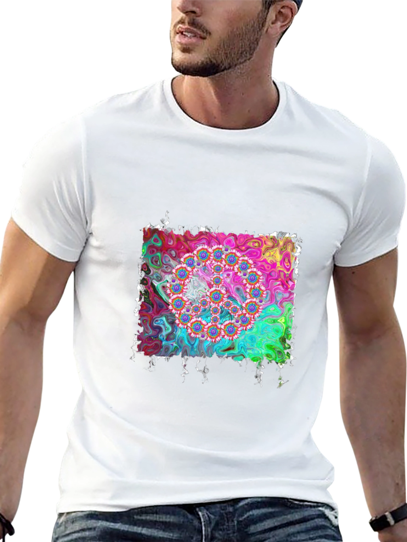 Psychedelic Floral Circle Graphic Black T-Shirt