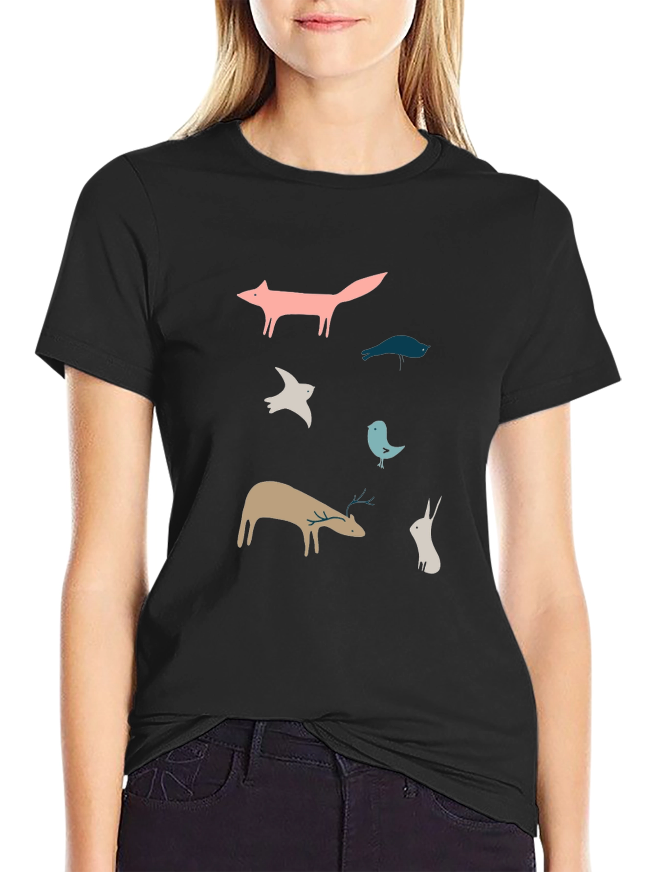 Whimsical Animal Print Black T-Shirt