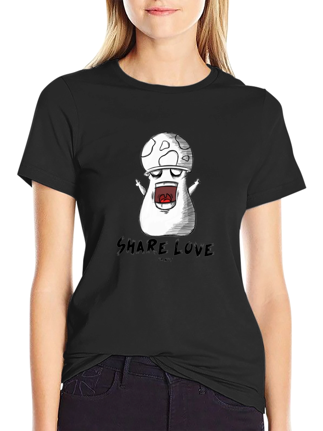 Mushroom Cartoon Graphic Black T-Shirt