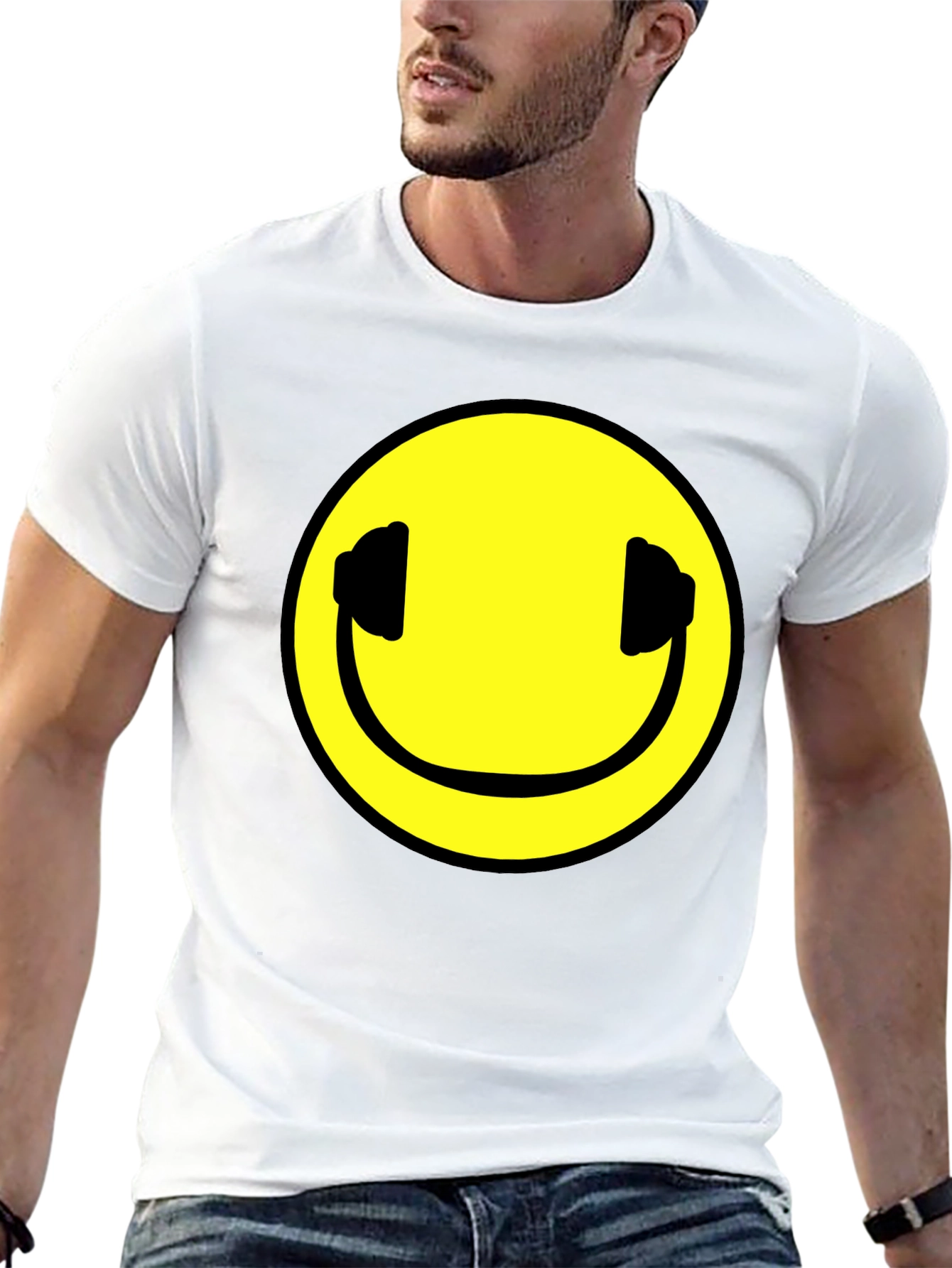 Smiley Face Headphones Black T-Shirt