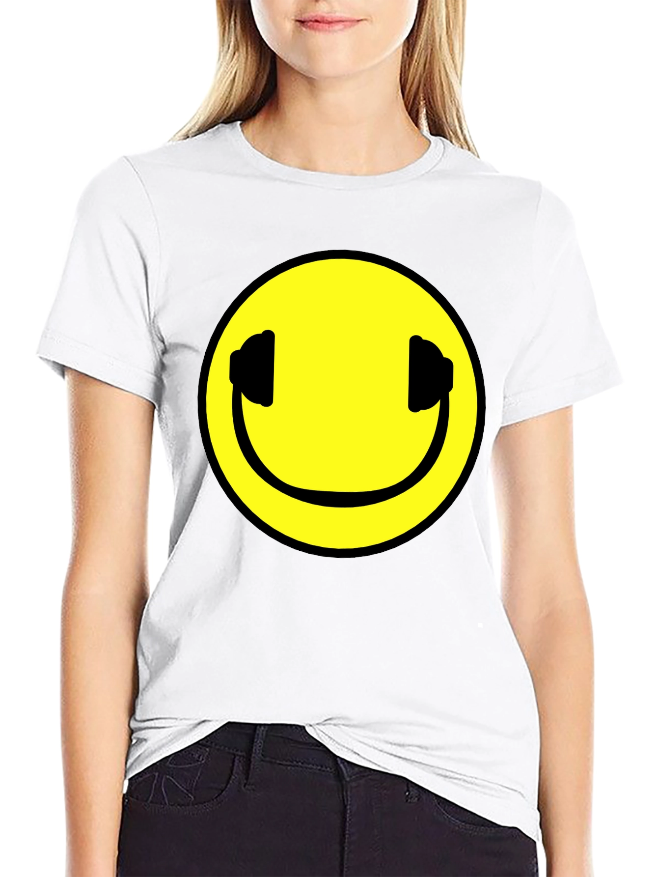 Smiley Face Headphones Black T-Shirt