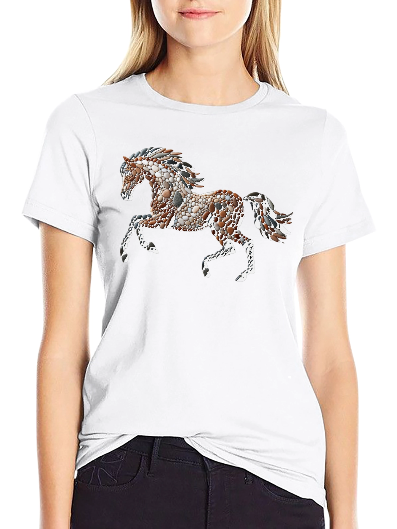 Black Tee with Artistic Pebble Horse Design