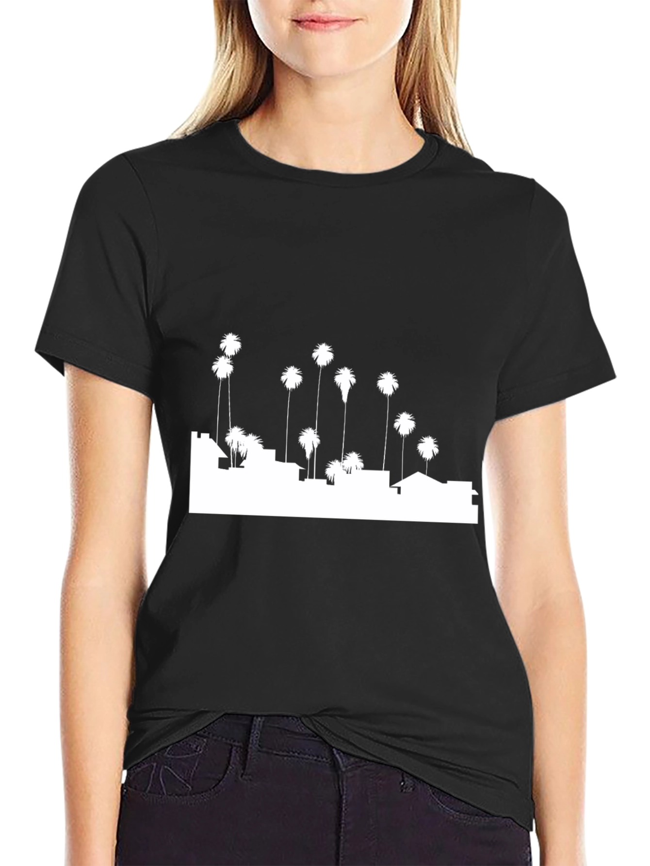 Cityscape Palm Tree Graphic Tee - Black