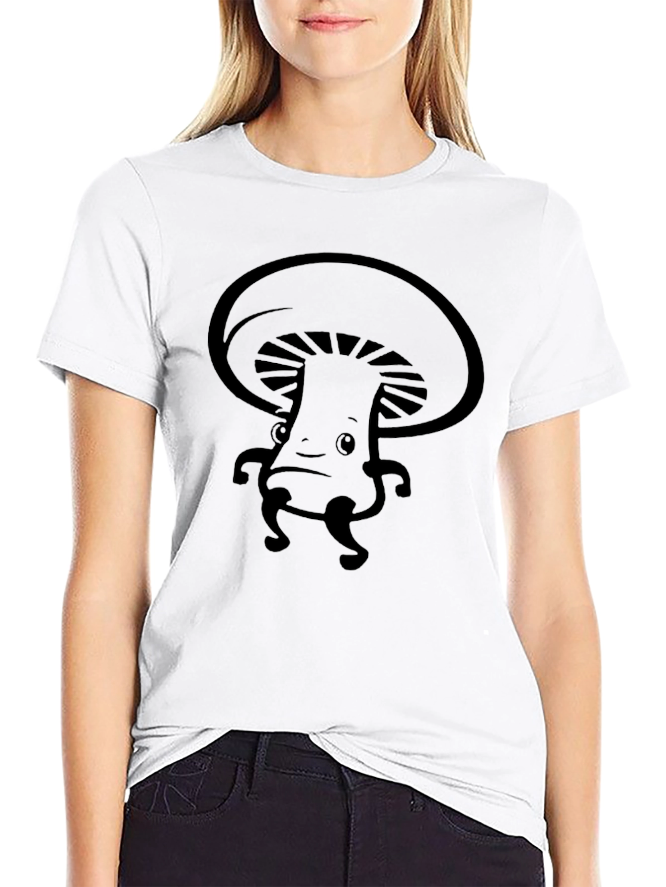Mushroom Character Graphic Tee - Black Cotton Blend Shirt