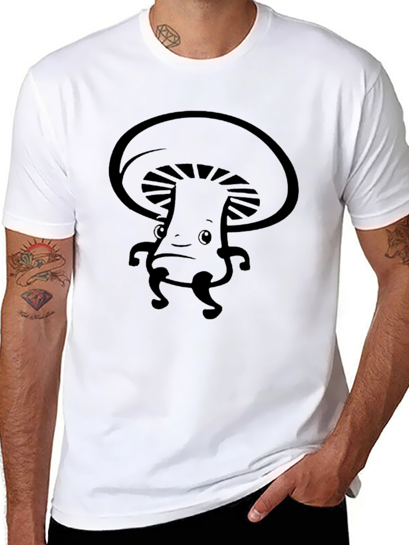 Mushroom Character Graphic Tee - Black Cotton Blend Shirt