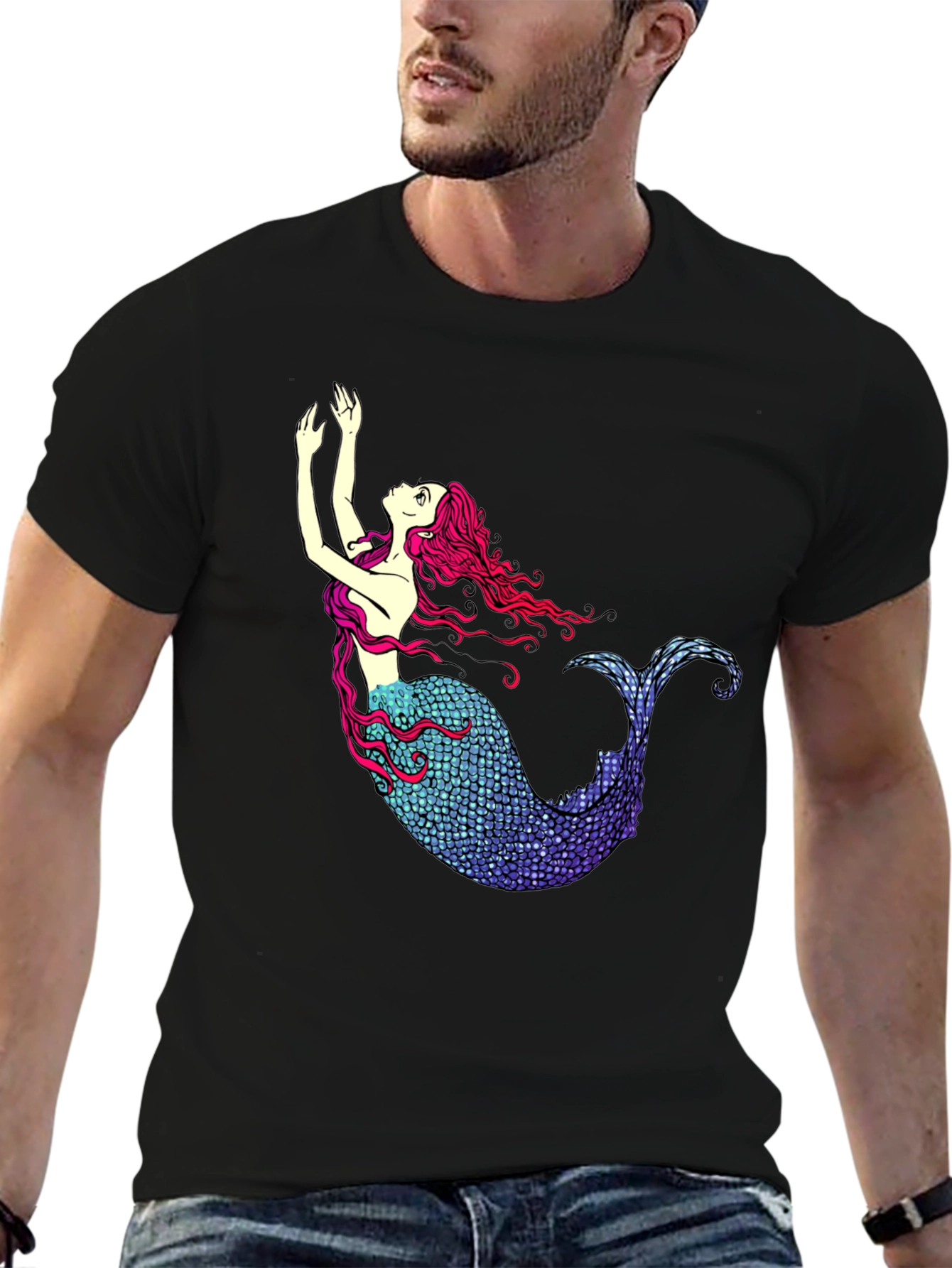 Mermaid Graphic Tee - Black Cotton T-Shirt
