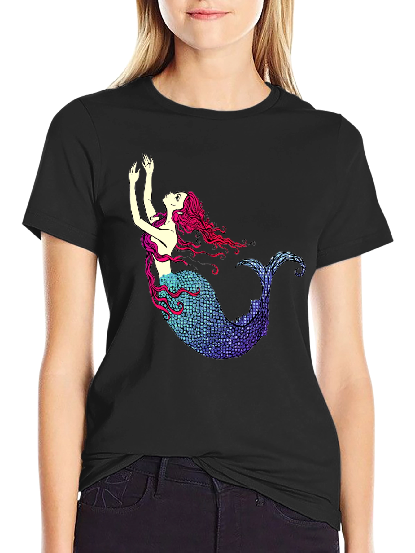 Mermaid Graphic Tee - Black Cotton T-Shirt