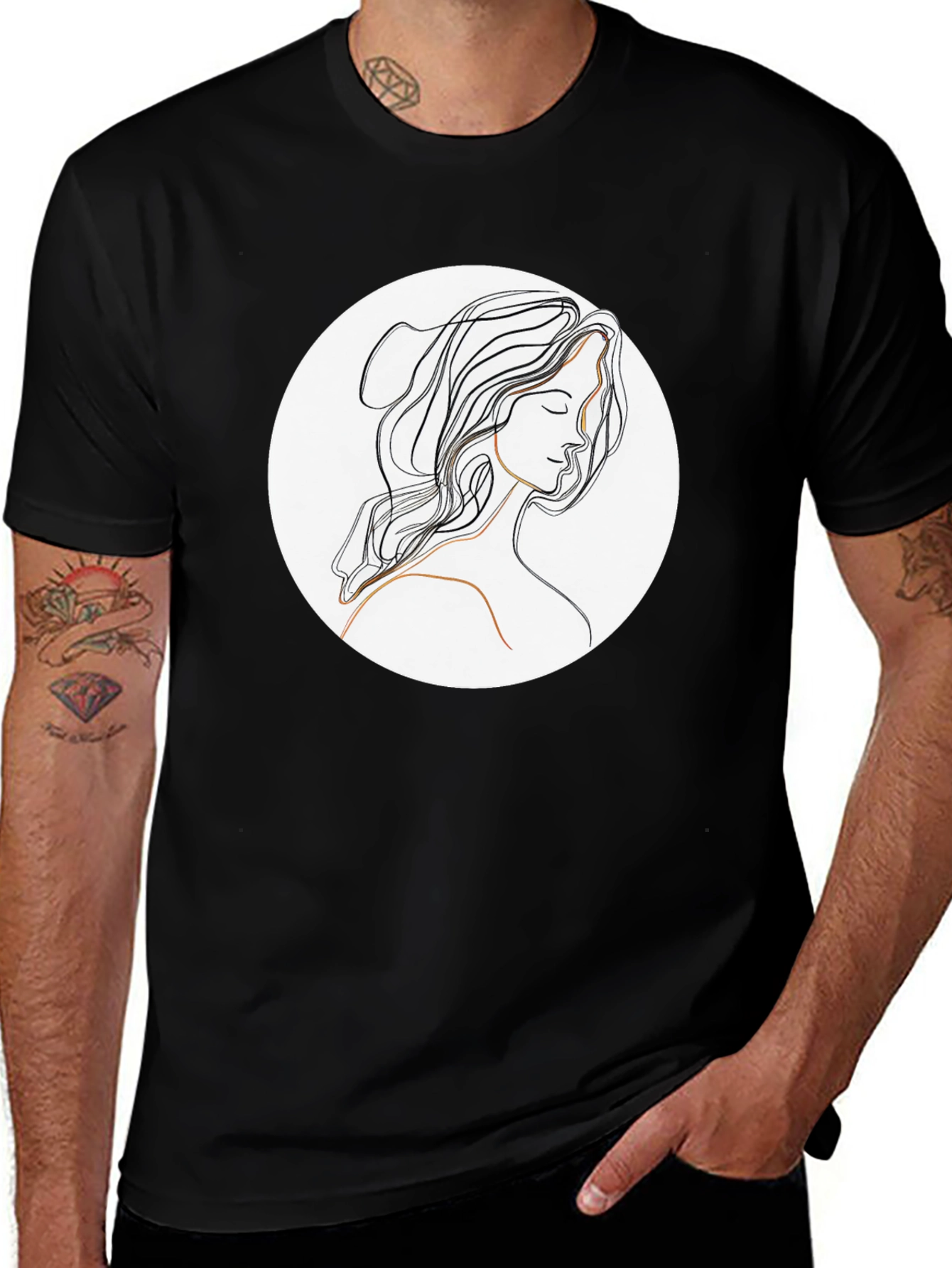 Elegant Line Art Woman Black T-Shirt