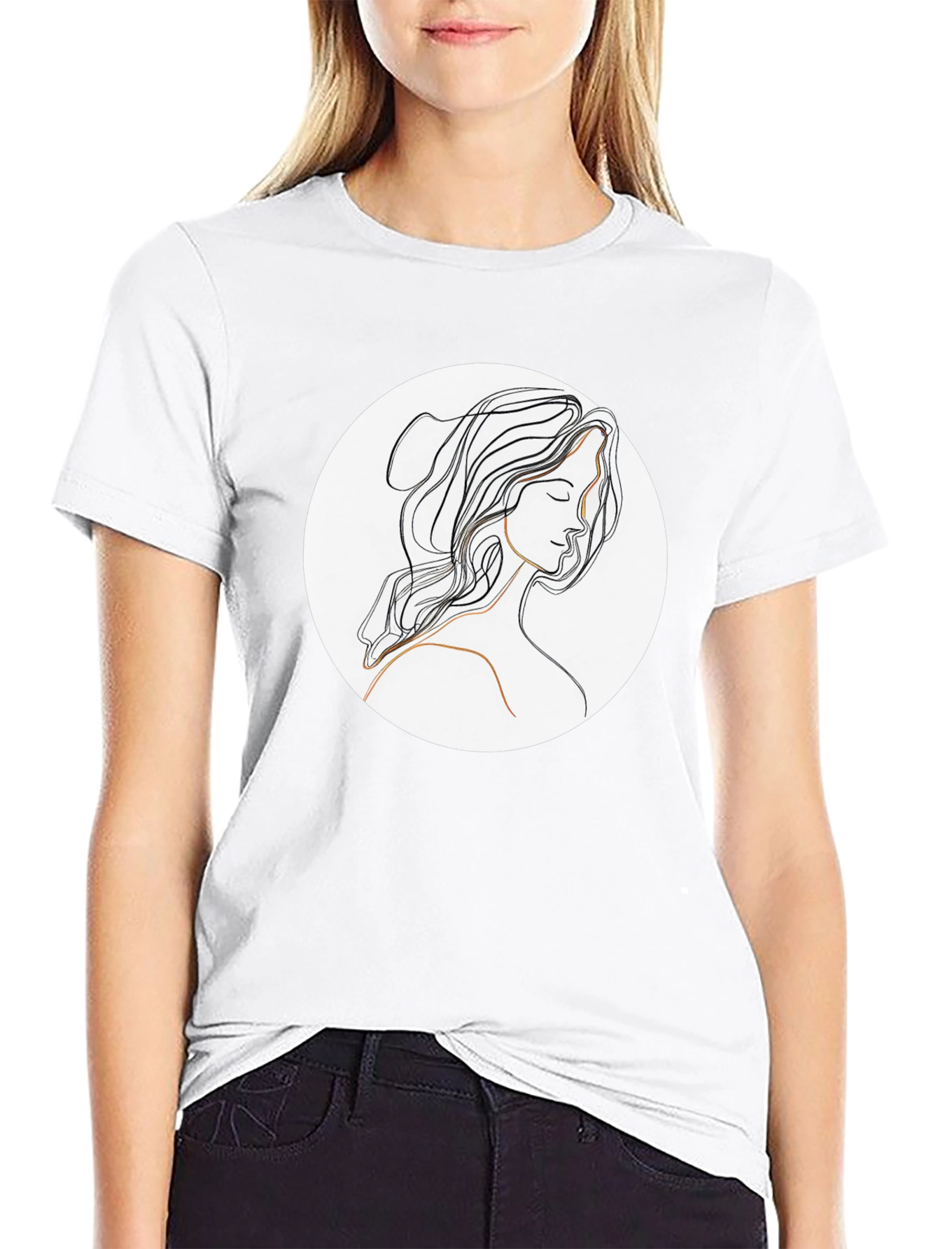Elegant Line Art Woman Black T-Shirt