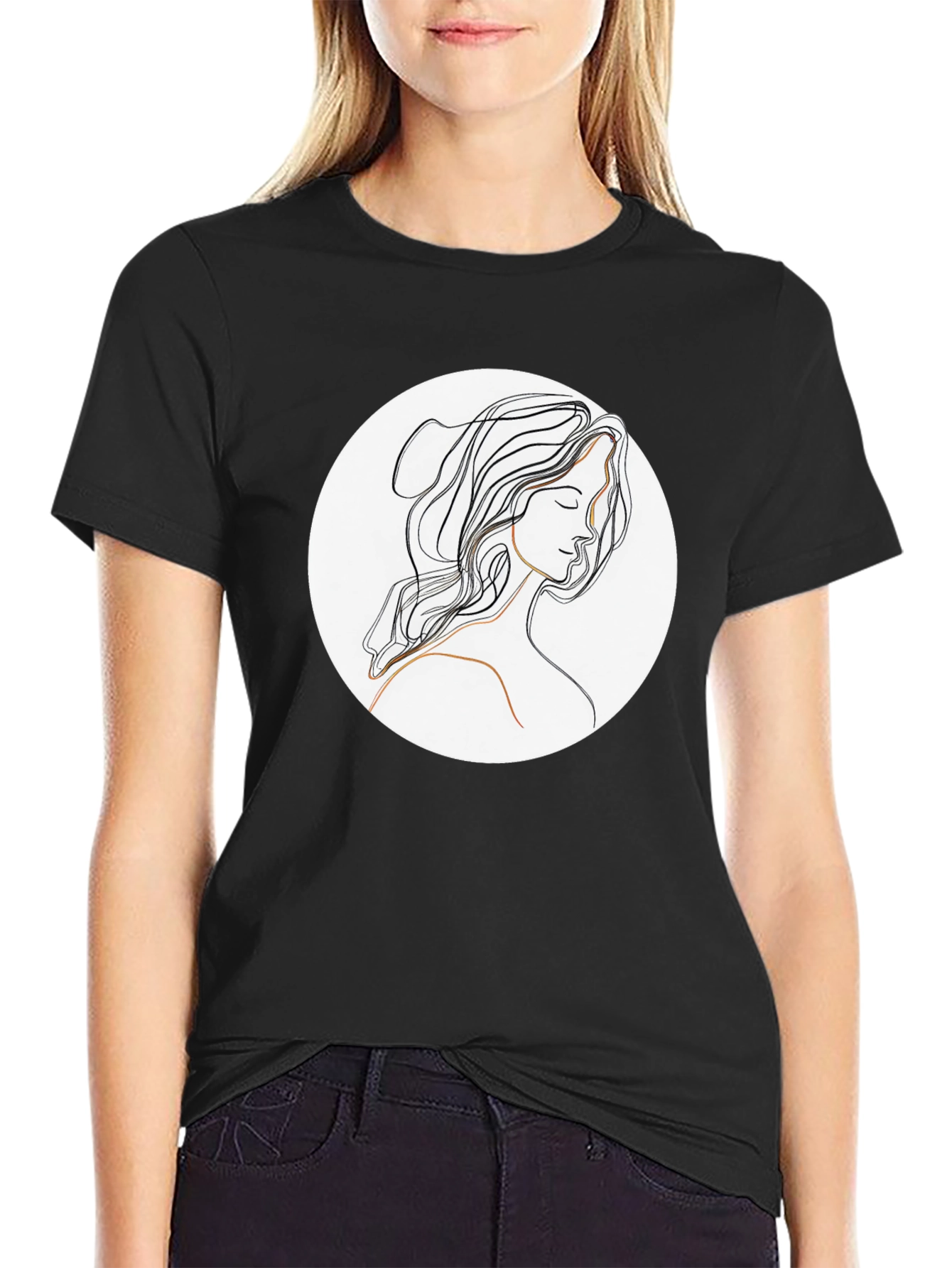 Elegant Line Art Woman Black T-Shirt