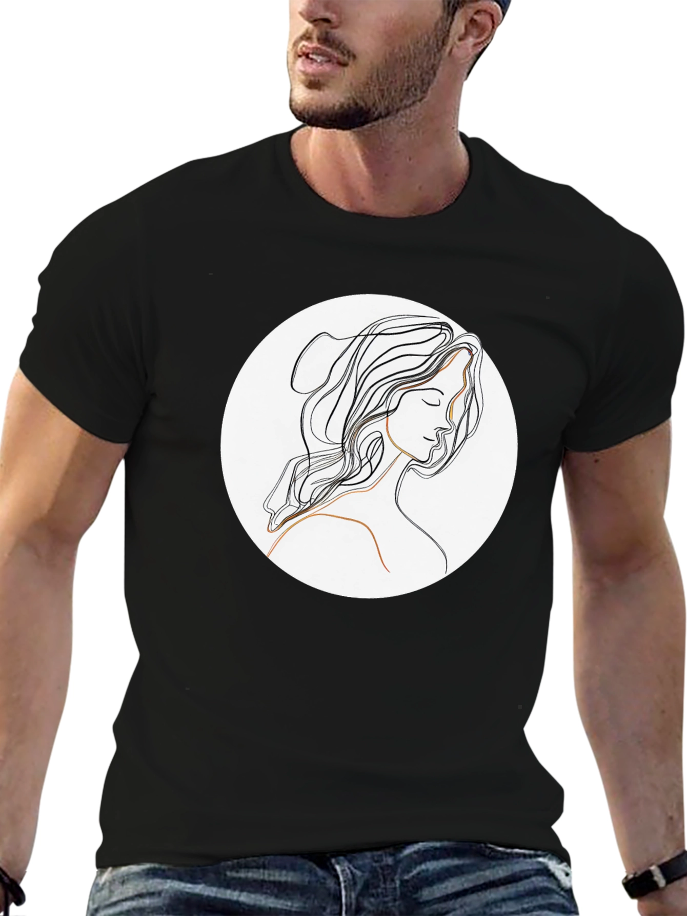 Elegant Line Art Woman Black T-Shirt