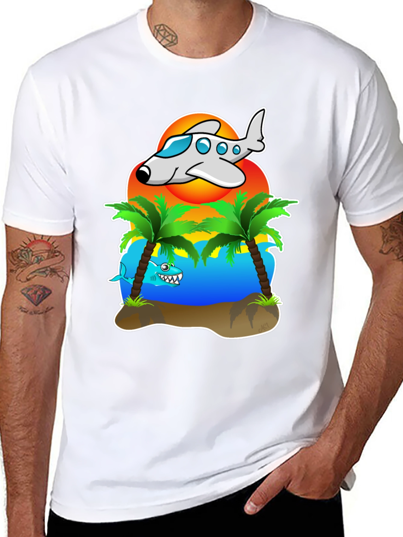 Tropical Getaway T-Shirt - Airplane & Shark Design