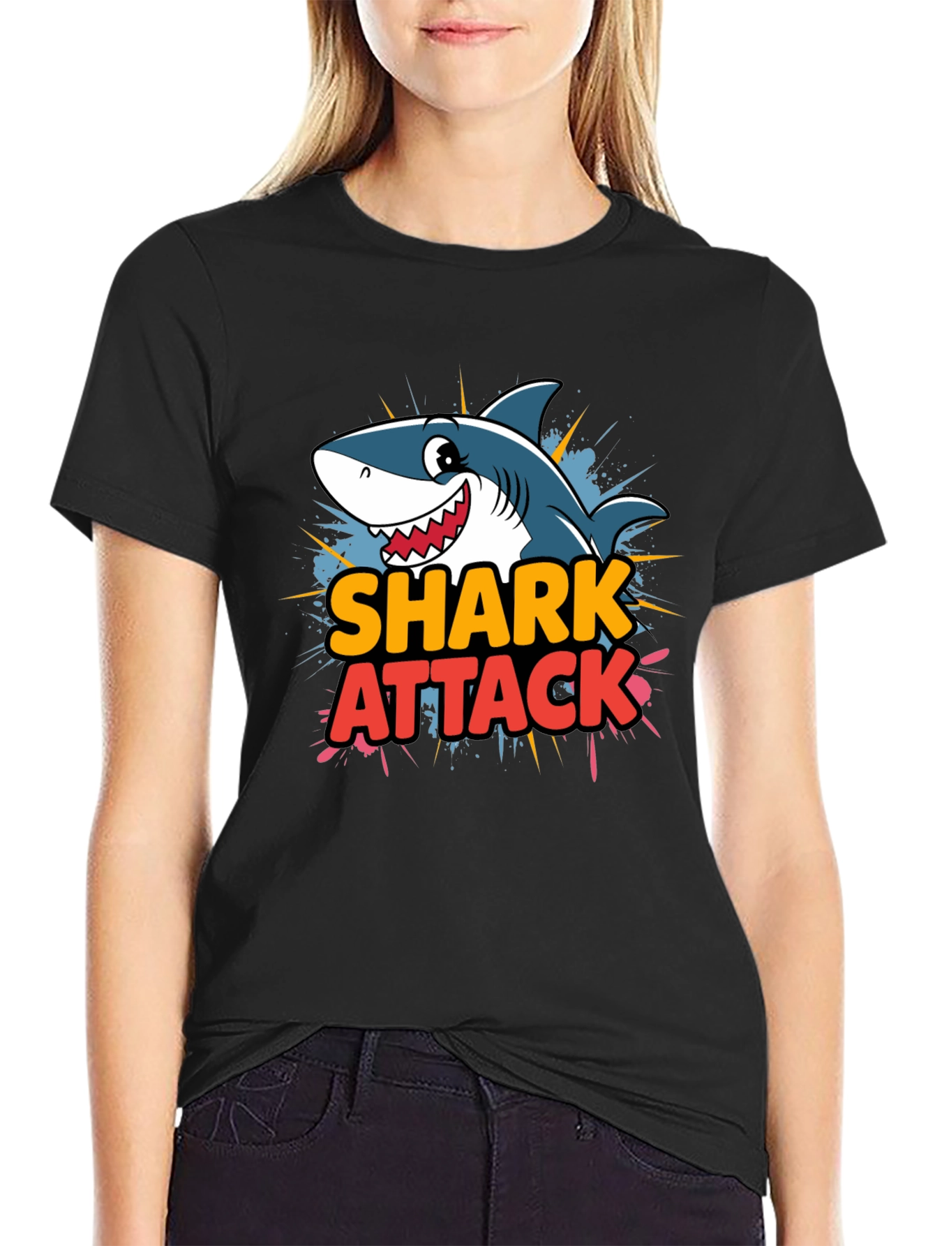 Shark Attack Cartoon Graphic T-Shirt
