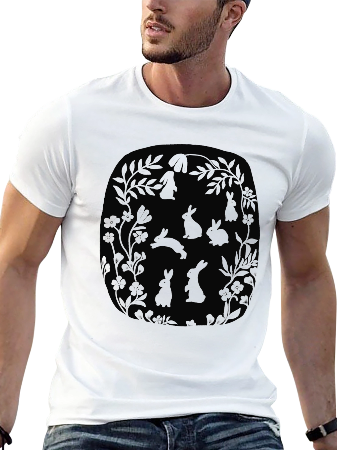 Bunny Floral Graphic Tee - Mens Black T-Shirt
