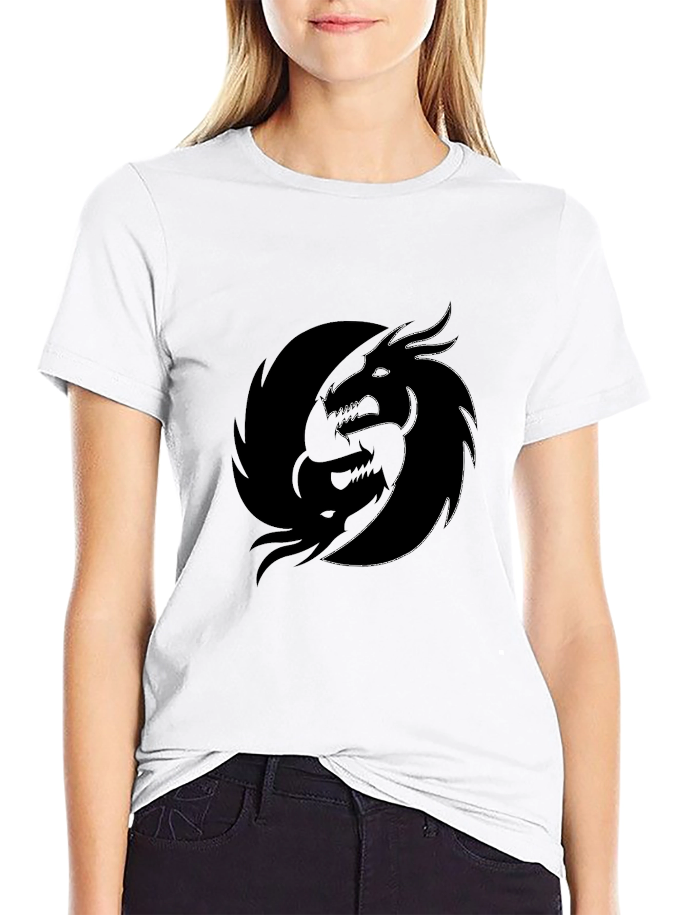 Yin Yang Dragon Graphic Tee - Black Crew Neck