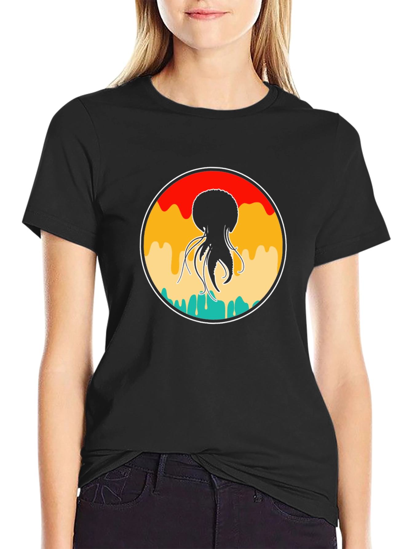 Retro Jellyfish Graphic Tee - Black Cotton Blend