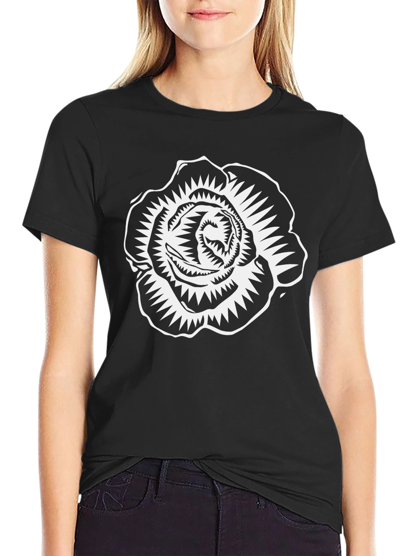 Black T-Shirt with White Rose Graphic